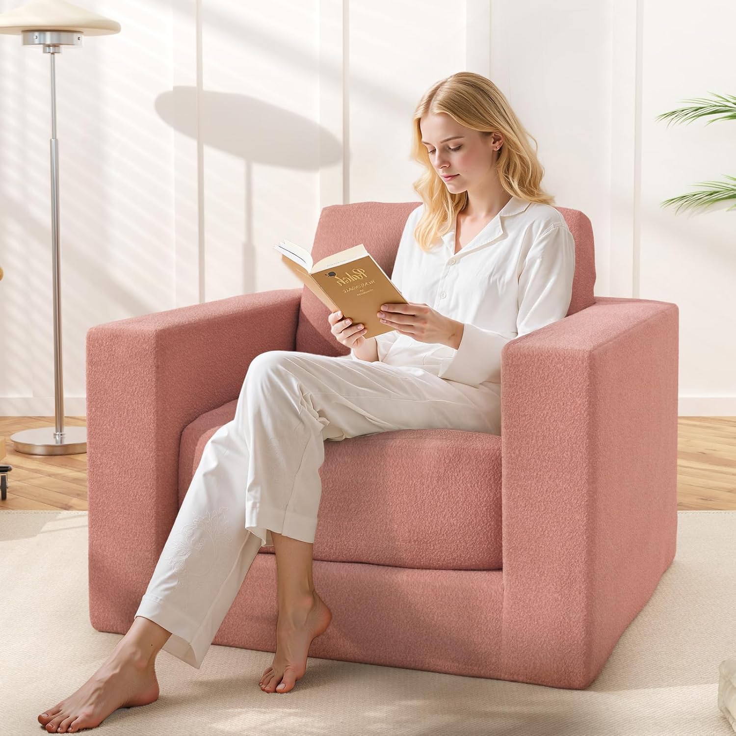 Furnify Bean Bag Chair, Large Beanbag Chair for Adults, Comfy Foam Floor Sofa with Pillows and Armrests, Plush Chair Bean Bag Couch for Bedroom Living Room, (Teddy Boucle Fabric, Pink)