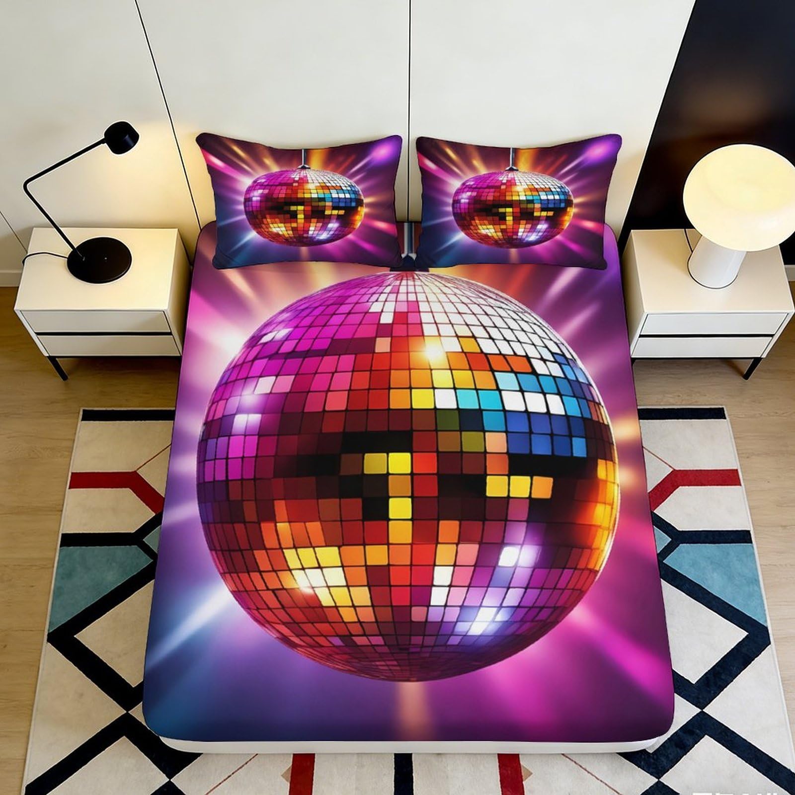 3D Printed Disco Ball Fitted Sheet Microfiber Purple Cat Bed Sheet for Bedroom Dorm Mattress Decor Easy Care 90x200x25cm