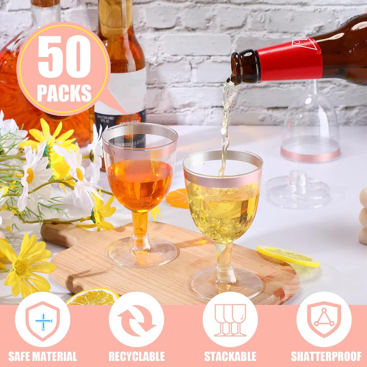 Thenshop 50 Pack 5 oz Plastic Champagne Flutes Clear Disposable Wine Glasses Cups with Stem Reusable Goblets Shatterproof Cocktail Cups for Mother's Day Wedding Party Holiday Dessert(Rose Gold Rim) - Image 3
