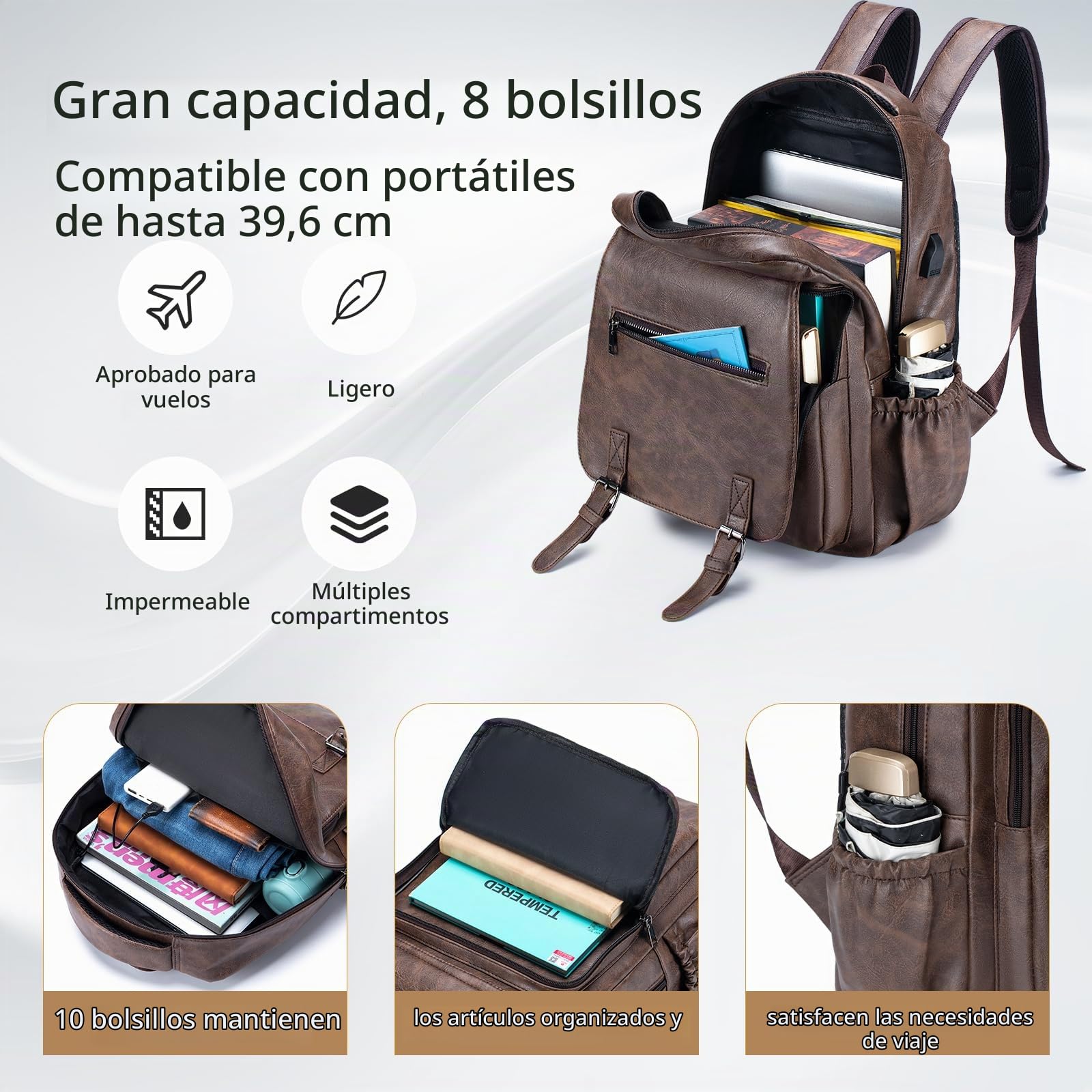 Mochila de Cuero Viaje Cabina Avion 40x30x15cm British Airways Wizzair Eurowings Vueling, Impermeable Pequeña Mochilas Equipaje de Mano Mochila Ordenador Portatil 15,6 Pulgadas