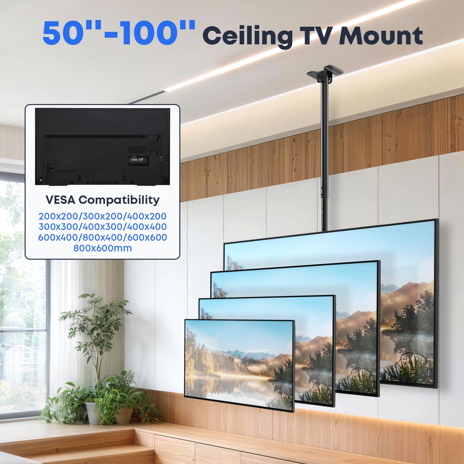 Supporto da soffitto per TV da 50 a 100 pollici, portata 80 kg, altezza e orientabile e inclinabile, con VESA fino a 800 x 600 mm, per ambienti commerciali e home theater