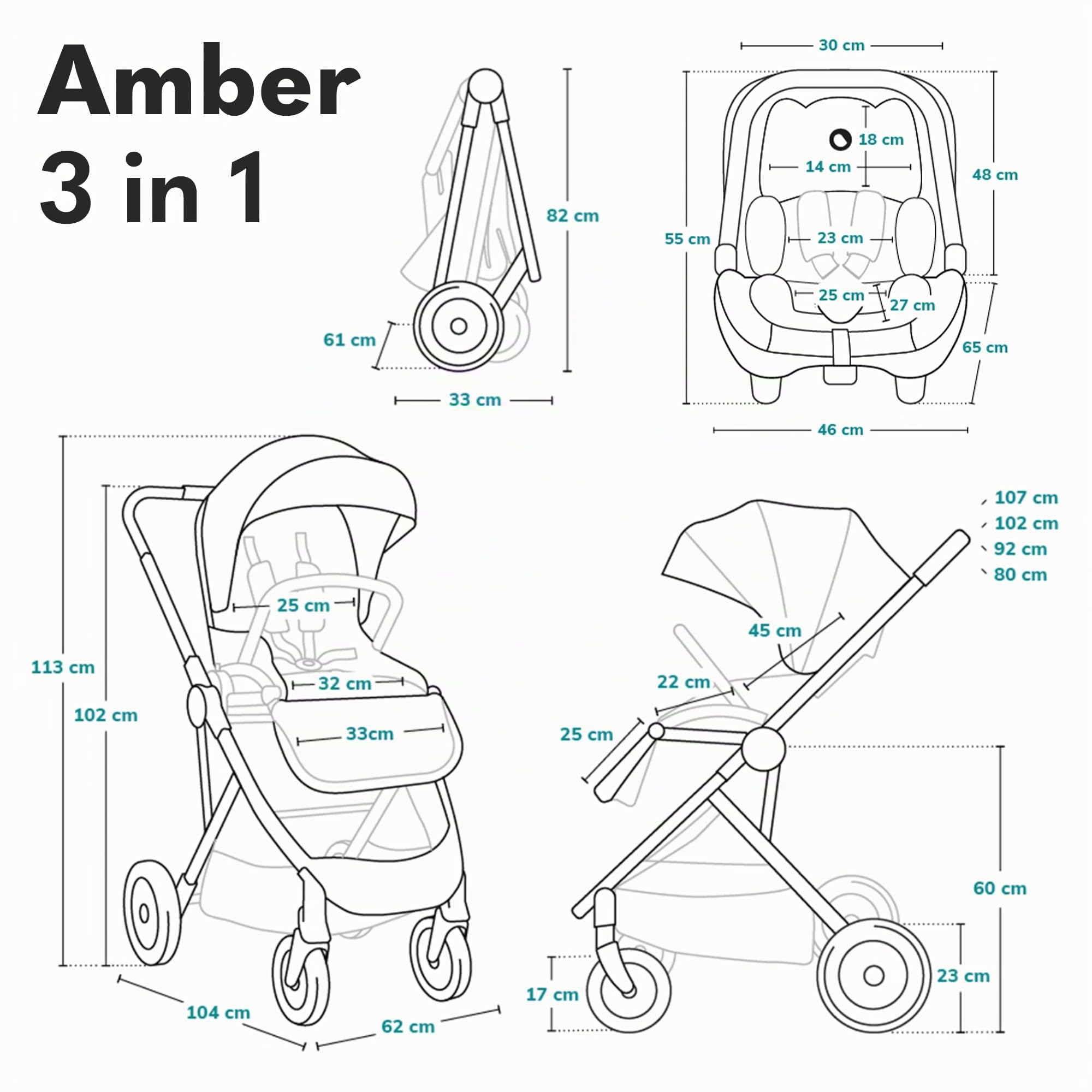 LIONELO Amber Passeggino Trio 0-22 kg Passeggino set 3-in-1: Passeggino + Navicella + Ovetto per neonato e bambini 0 fino a 48 mesi o 22 kg Regolabile e pieghevole, Ruote grandi, Cappotina XXL | Passeggino Per bambini Fino a 22 kg con Navicella e Ovetto,