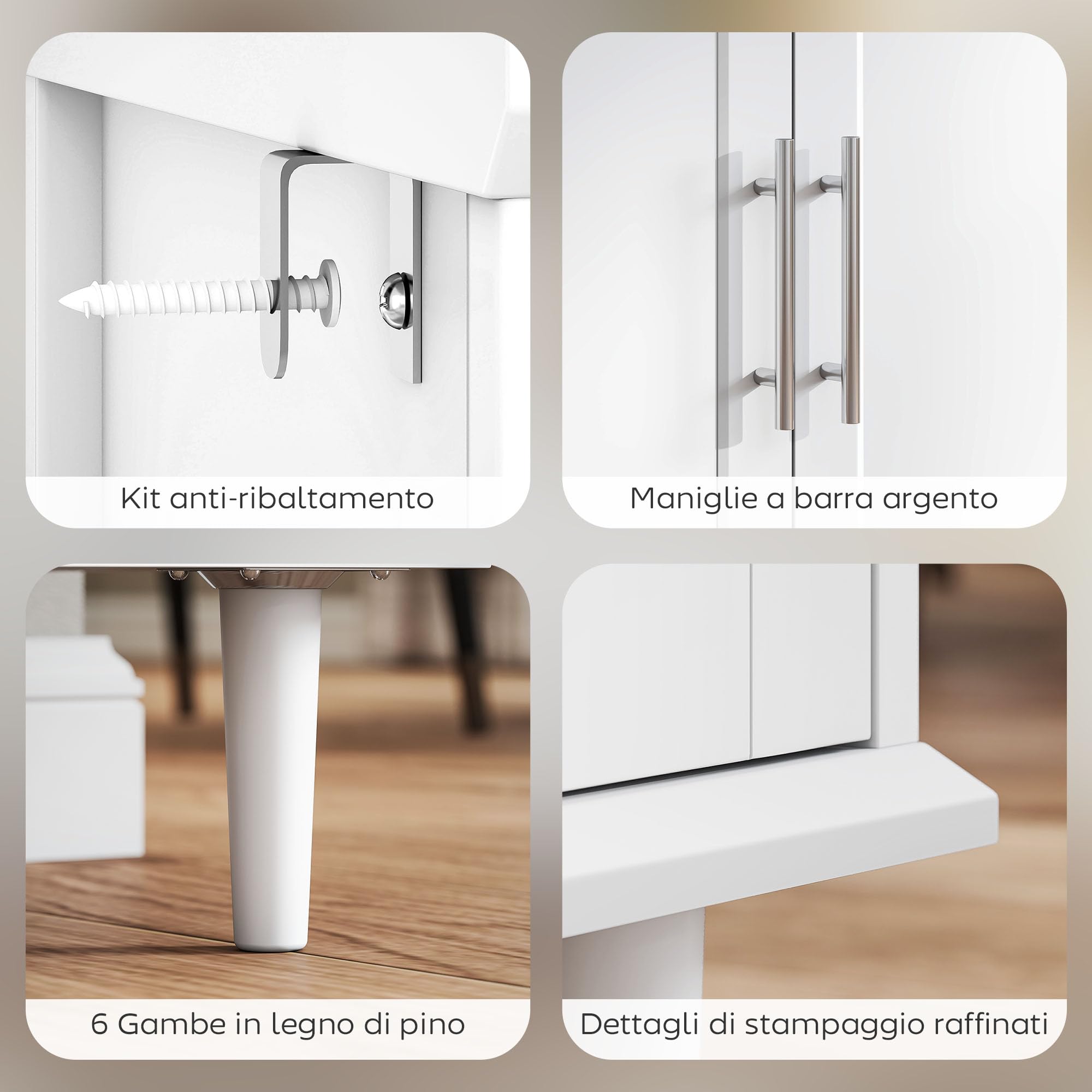 HOMCOM Mobile Soggiorno, 2 Cassetti 3 Armadietti, 120x38x86 cm, Bianco | Credenza Soggiorno, Mobile Cucina120 cm, Ripiani Regolabili, Madia, Gambe in Pino, Sala da Pranzo, Cucina