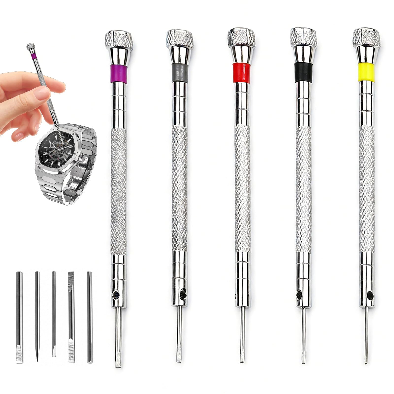 Zhuomengyun Silver Precision Screwdrivers Set, 5 Pcs Watchmakers Screwdriver Sets Micro Precision Watch Screwdrivers Reversible Blade Screwdriver For Watch Eyeglasses Jewelry And Clock Repair