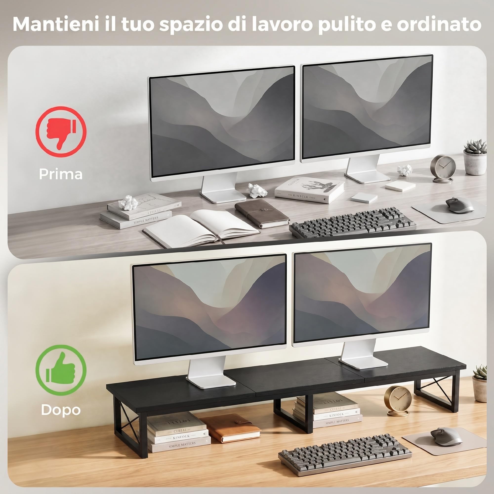 HOMCOM Supporto per Monitor da Scrivania, Rialzo per Monitor in Legno con 2 Scomparti Portaoggetti, per Laptop e PC, Fino a 20kg, 114x30x16.5 cm, Nero