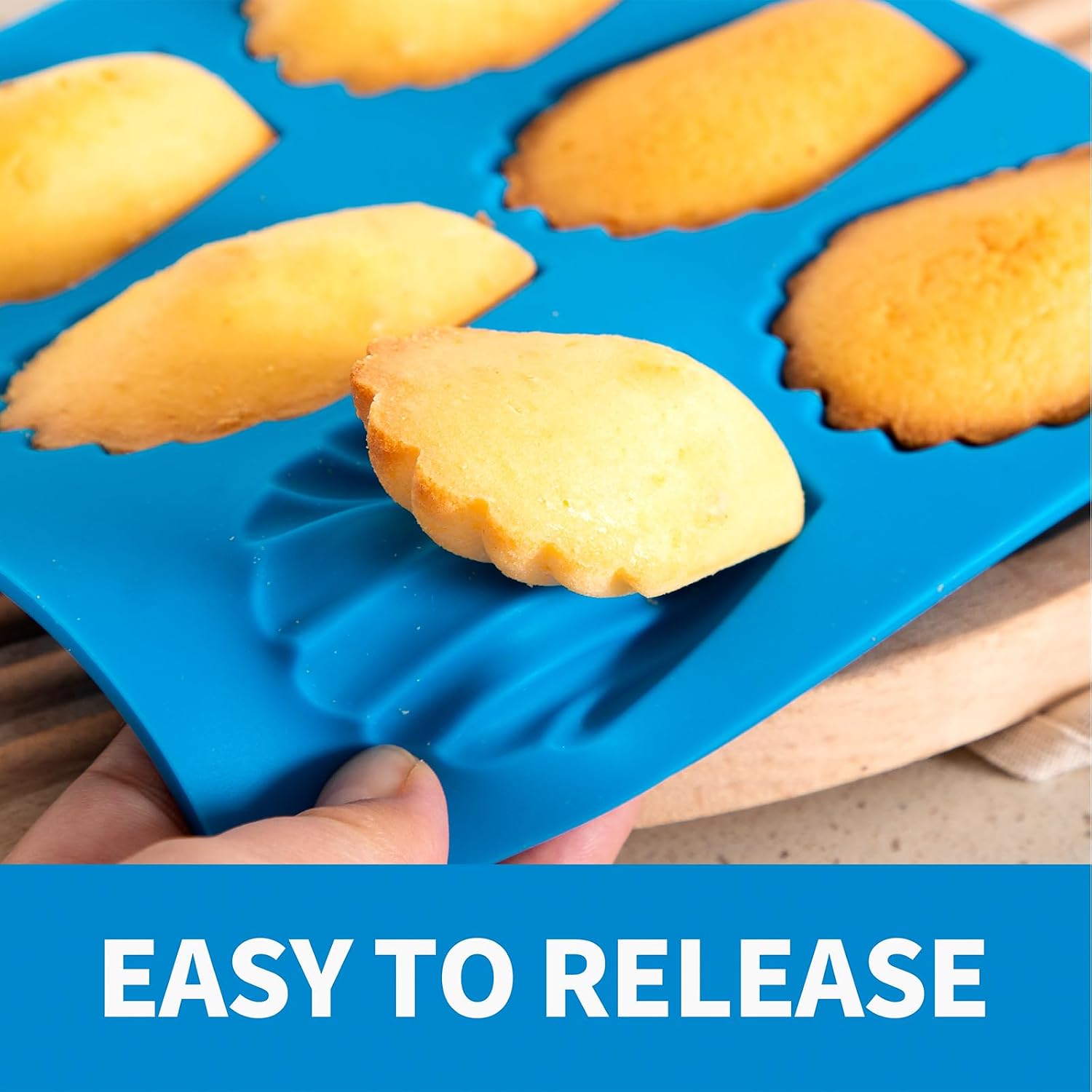 4-Pack Madeleine Pan, 6-Cavity Shell Mold, Nonstick, Oven-Safe, Blue