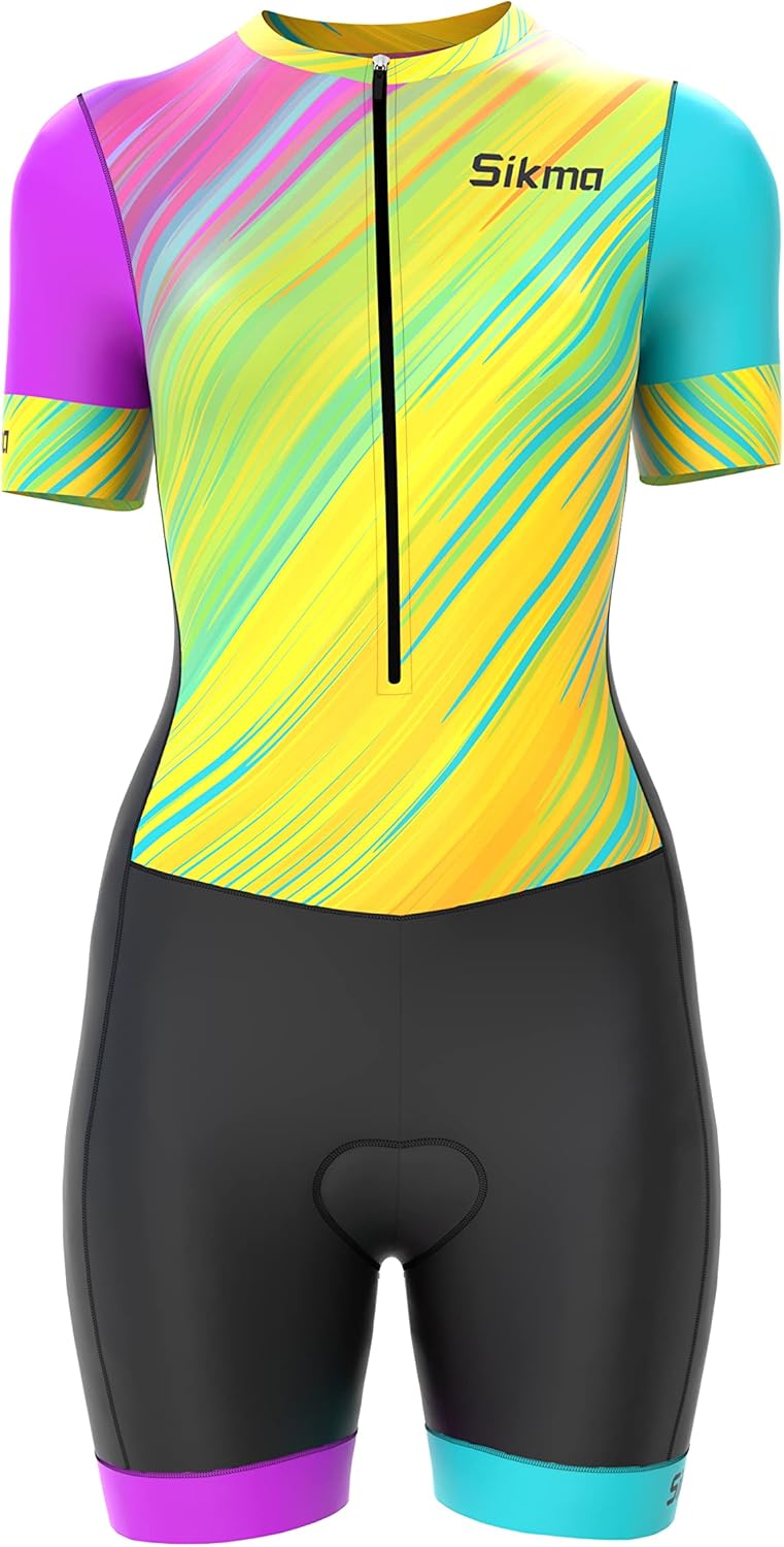 Sikma Ladies Cycling Skinsuit Women Padded One Piece Trisuit Bike Top Short Sublimated Design bib Short.