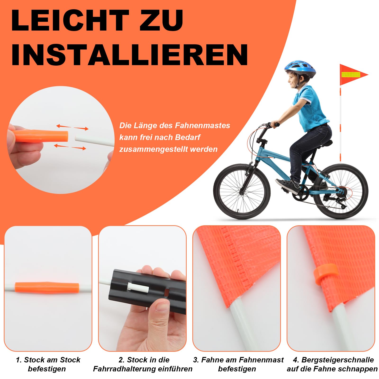 ZYNERY 2 Set Verstellbare Fahrradfahne für Kinder Erwachsene Fahrradwimpel 180cm Fahne Fahrradanhänger Wimpel mit Reflektierende Aufkleber Fahrrad Zubehör Sicherheitswimpel für Reiten im Freien Sport & Freizeit