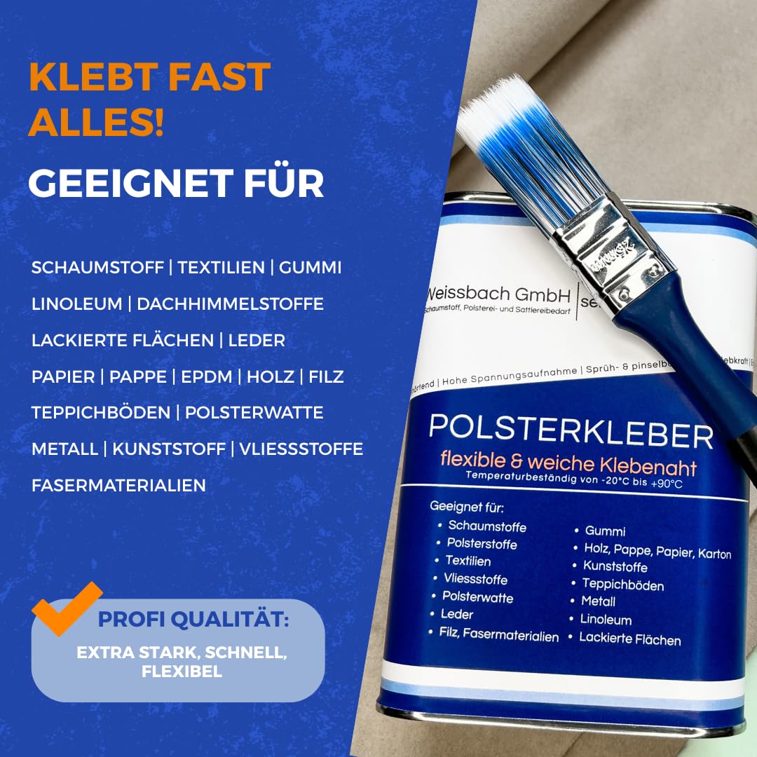WEISSBACH Polsterkleber mit Pinsel Sattlerspray für Dachhimmel, Textil, 1000ml extra stark, schnell aushärtend, weiche & flexible Klebenaht, Kontaktkleber, sprüh- und pinselbar, hohe Spannungsaufnahme