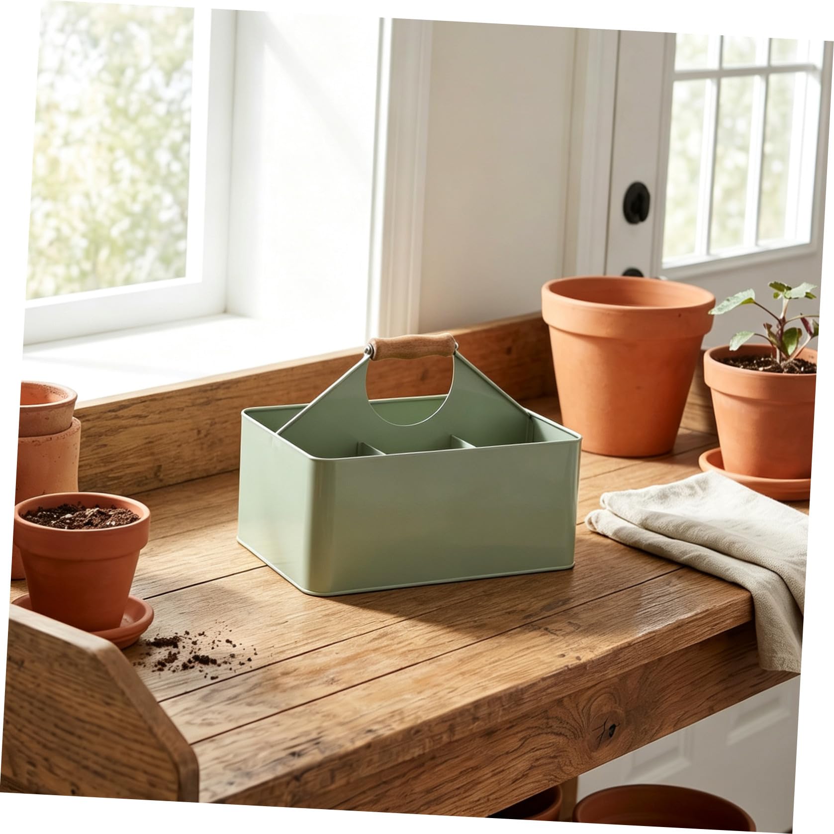 Metall 29,5x22,6x20 Cm mit 4 Fächern Samen Aufbewahrungsbox Garten und Griff aus Eisen und Naturmaterial Grün Verformungsbeständig für Glatte Oberfläche Balkon und Pflanztisch