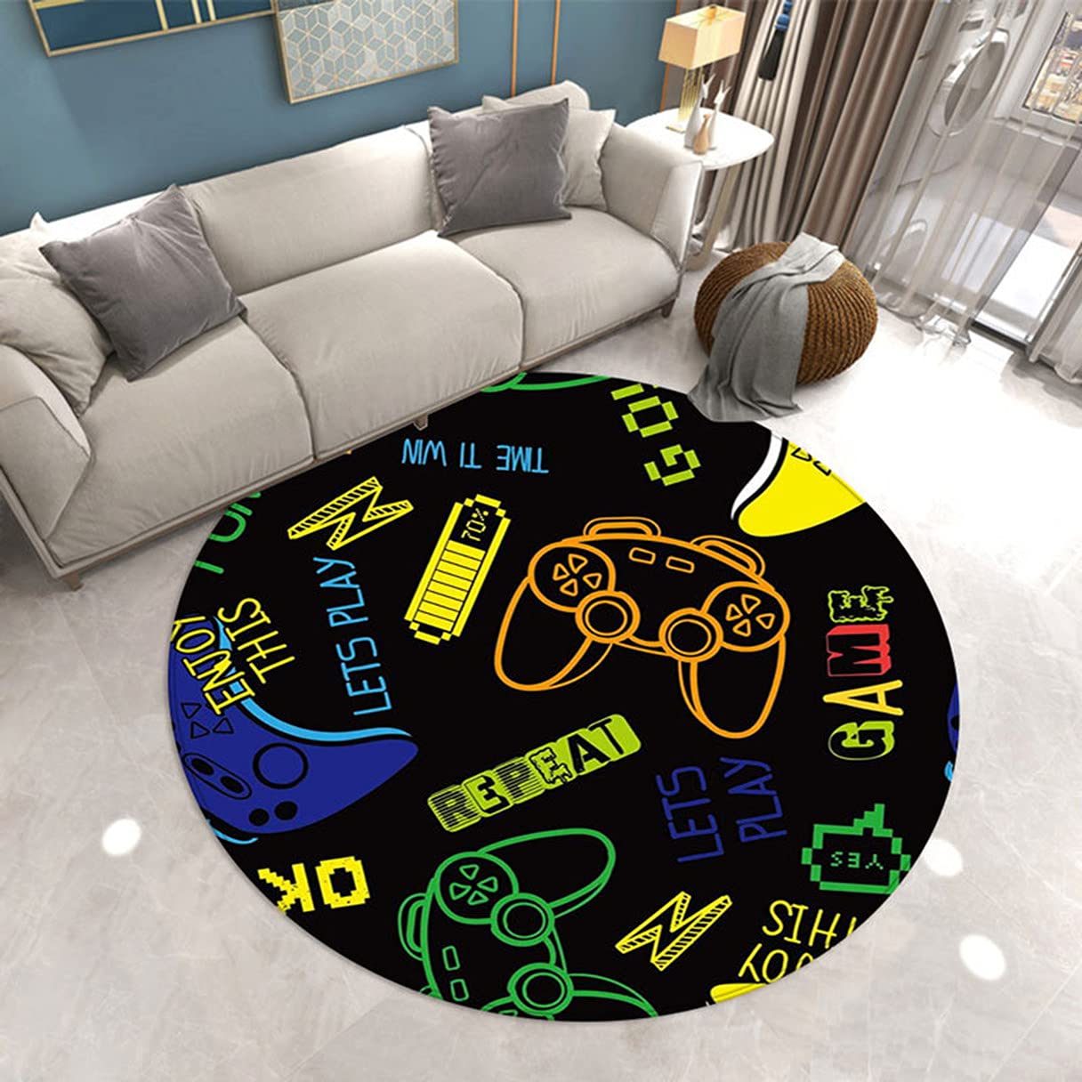 3D Gamer Dormitorio Alfombra Redonda Joystick Moderno Alfombra de Sala de Estar Antideslizante Graffiti Dibujos Animados Consola de Juegos Decoración Franela Area Rugs (Vistoso 1,100cm)