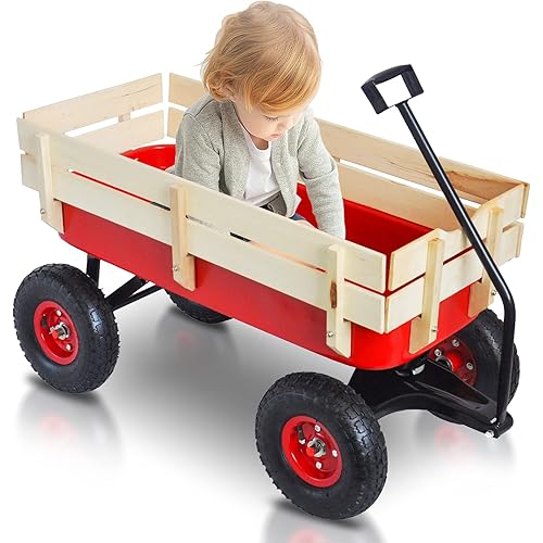 Outdoor Wagon Cart for Kids Heavy Duty Steel w/Removable Wooden Side Panels Cargo Wagon with 10” All-Terrain Air Tires,Foldable Handle Cart for Towing Kids Toys Toddler,Gardening Supplies(Red)