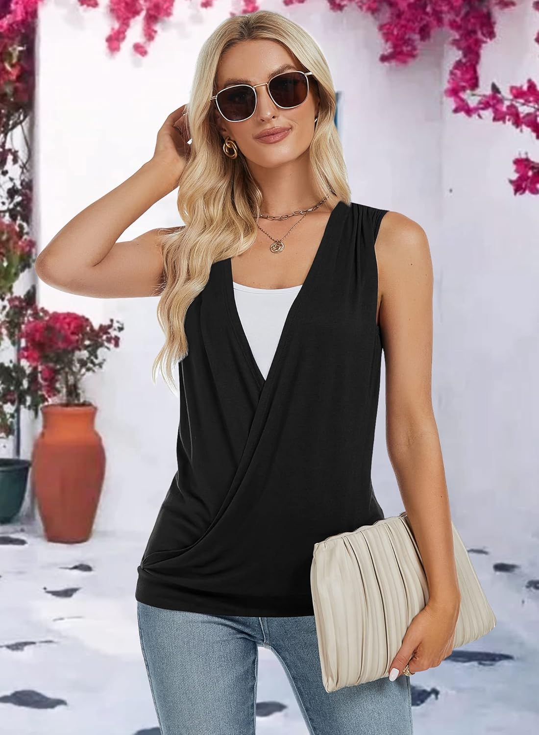 RANPHEE Womens Summer Casual Sleeveless Hide Belly Fat Banded Bottom Wrap Tops T-Shirts - Image 5