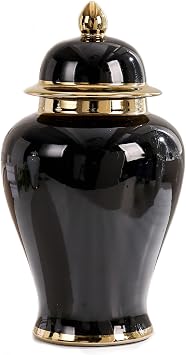 Black Ginger Jar Vase Decor - Ceramic Decorative Jars, 15"