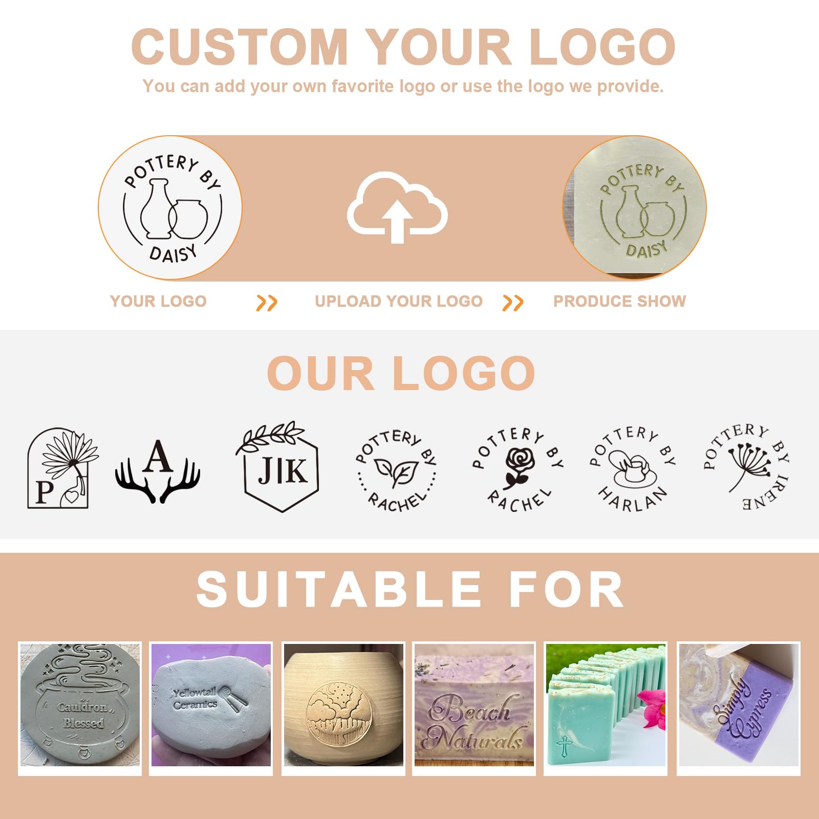 KAINSY Custom Pottery Stamp for Clay - Personalized Acrylic Clay Stamp with Logo, Creating Unique Imprints, Ceramic Letter Stamps for Clay Pottery - Gifts for Pottery Makers Polymer Clay Tools(1 in)