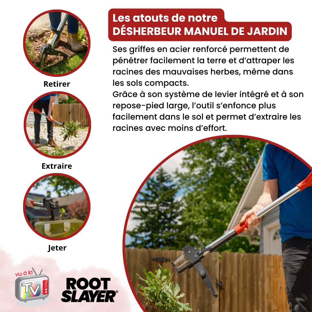 Venteo - Désherbeur Manuel Rootslayer | Désherbage Jardin Mauvaises Herbes | Extracteur Racines Profondes | Outil Jardinage Pelouse avec Levier Appui Pied | Travaux Jardin Gazon Terre Sol Dur