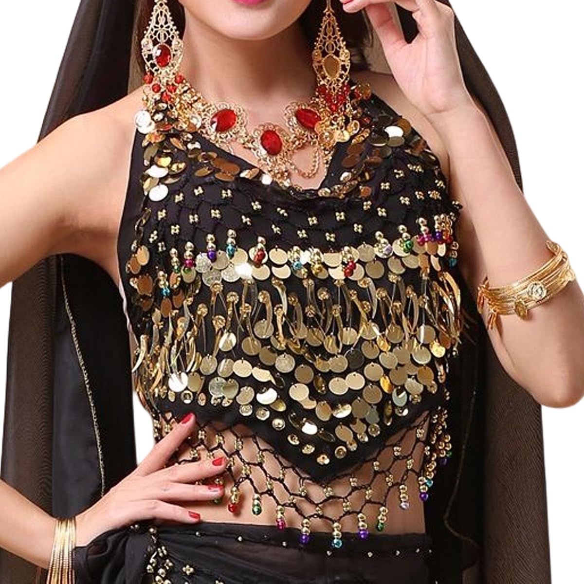 SamHeng Women's Halter Neck Bra for Belly Dance, Backless Padded Bra Top Camisole Halter Crop, Bandage Tank Top Sequins Belly Dance Crop Top for Festival Party Clubwear Black