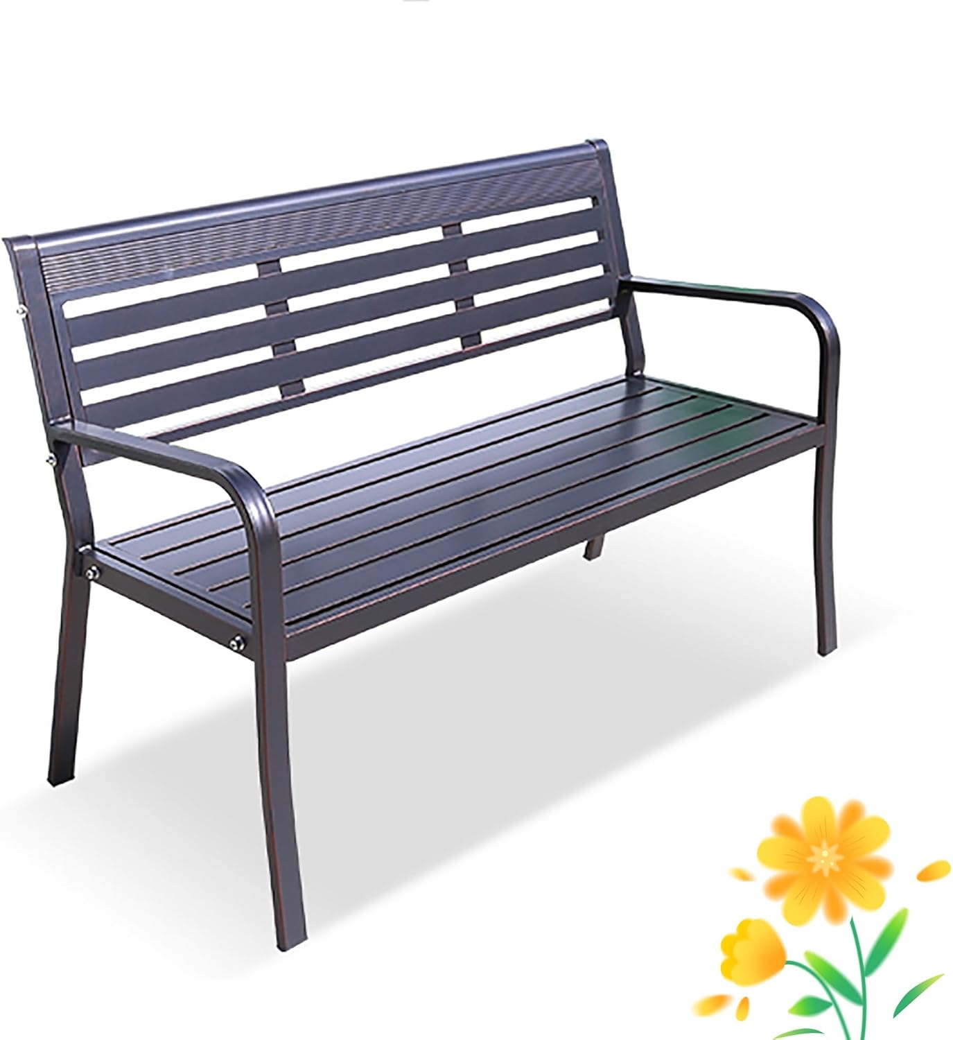 49 Inches Patio benches for outdoors, Aluminum alloy Frame Garden Park Bench with curved handrails and Backrest, Patio Seating, Slatted Seat, for Lawn, Picnic, Yard, Front Porch Backyard ( Color : Bro