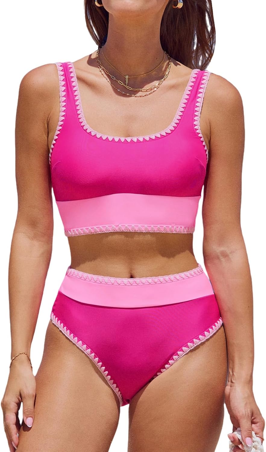 CUPSHE Women's Bikini Sets Two Piece Swimsuit Scoop Neck Tank Wide Straps Midkini Stitching