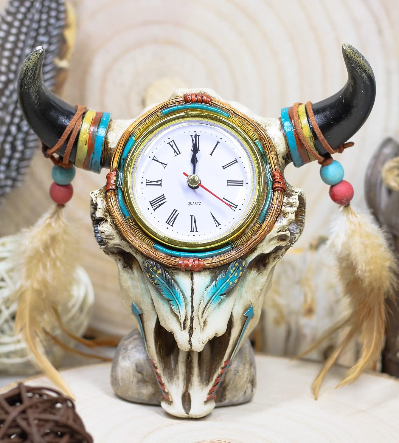 Ebros Southwestern Native American Indian Dreamcatcher Feathers Steer Bull Cow Skull Decorative Desktop Table Clock Figurine Turquoise Spirit Skulls Cows Medicine Bison Western Talisman Accent