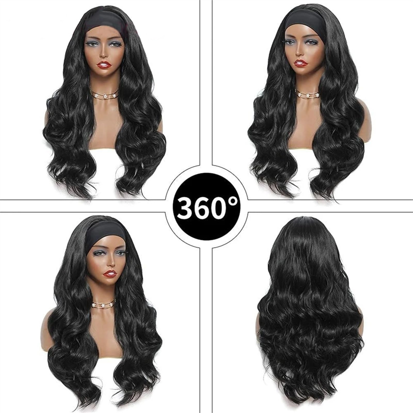 Parrucca da donna con fascia per capelli, capelli umani ondulati, senza colla, senza colla, con pizzo frontale, colore naturale, parrucca Remy da indossare e andare a macchina, densità 180%, per feste