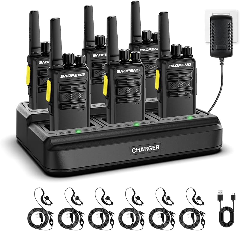 BAOFENG BD-V12B Radio 6 Pack Long Range Walkie Talkies for Adults, Rechargeable Two-Way Radios Walkie Talkies with Earpiece, 6 Way Multi Gang Charger, USB Charging Battery for School,Church,Cruise