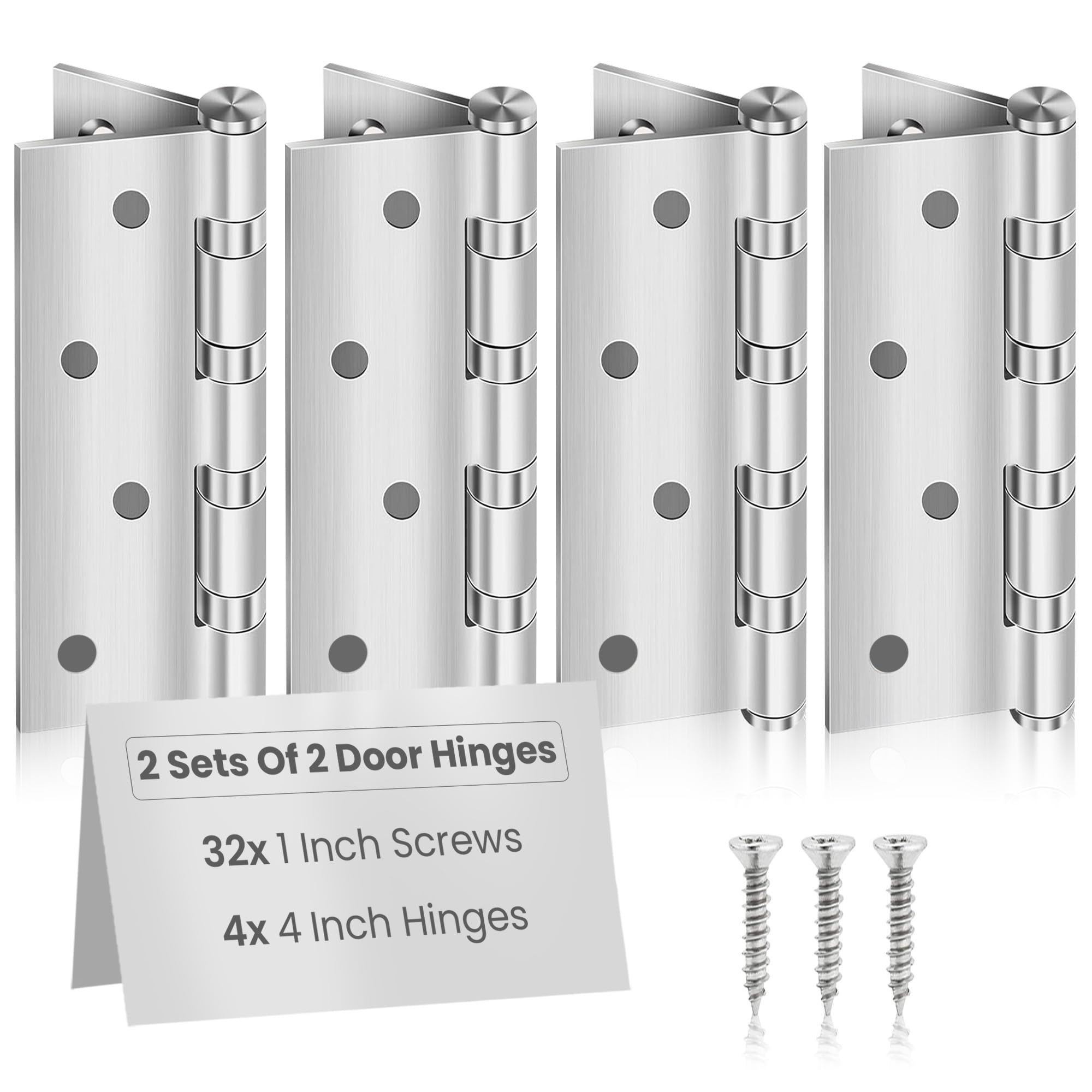 MSC Stainless Steel Door Hinges 4 Inch – Heavy Duty Outdoor Hinges for Wood, Internal Doors, Rust-Resistant, Silent Operation, Chrome Finish with Screws, Pack of 4, Silver — image 1