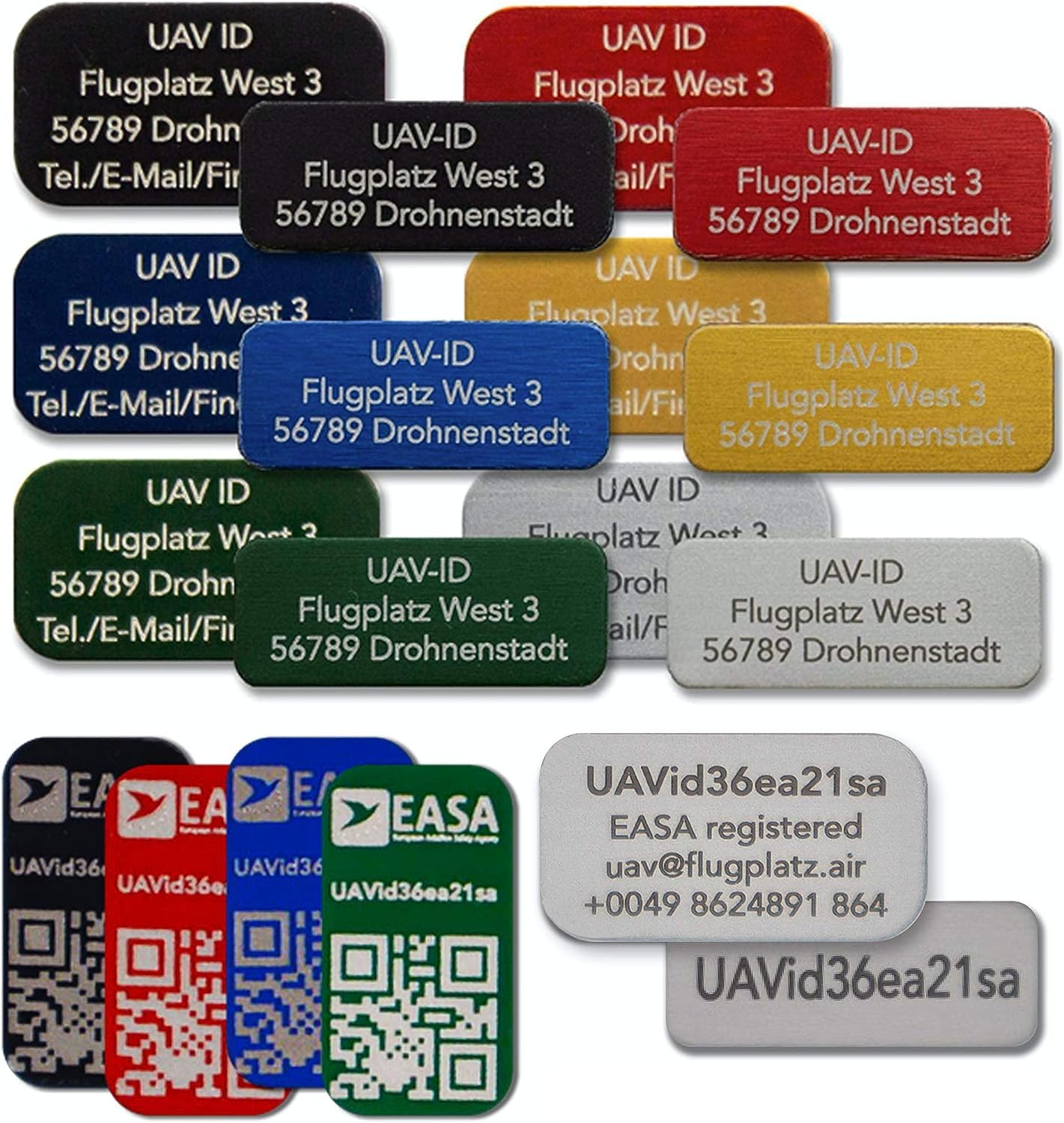 matrícula de drone en 20x8mm o 20x11mm, aluminio, código QR opcional, grabado con láser, e-ID, número de registro, insignias, pegatinas, hasta 4 líneas