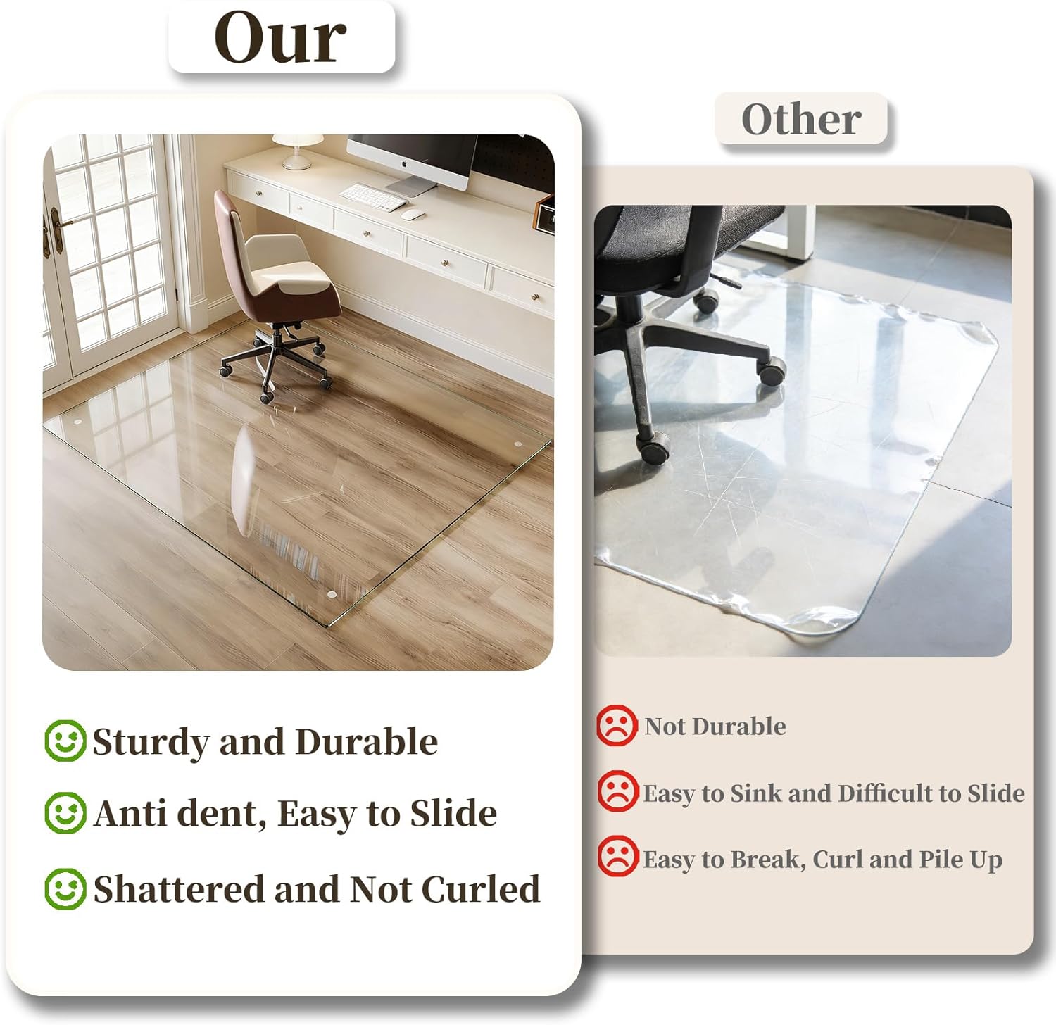 Glass Chair Mat, 36"x55" Office Chair Mat for Hardwood Floor, Clear Carpet Protector Mat for Office Chair, 4 Non‑Slip Pads, Noise-Free Gliding Shatterproof for Home Office Desk