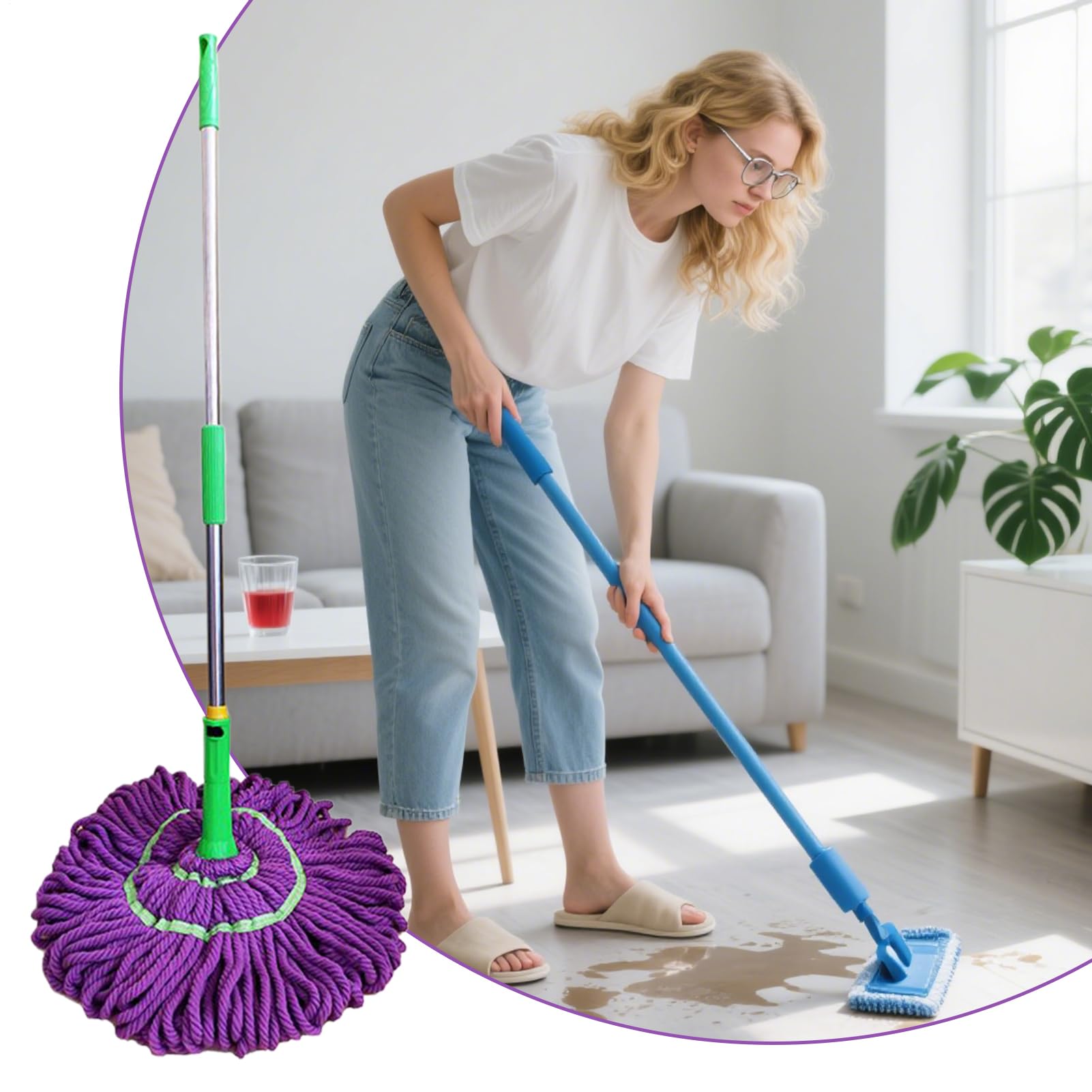 Balai Serpillère Twist Mop, Vadrouille Nettoyage Lave Sol avec Télescopique Manche de 115 cm de Long, Double Usage Humide et Sec pour Le Nettoyage du Bois, Carrelage, Marbre