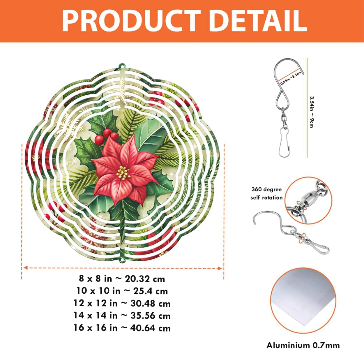 Christmas Flowers Poinsettia Christmas Wind Spinners 3D Stainless Steel Laser Cut Metal Double Sided Printing-Hanging Indoor/Outdoor Decorations Yard Gardening Decor,Metal Kinetic Art 14x14 inches