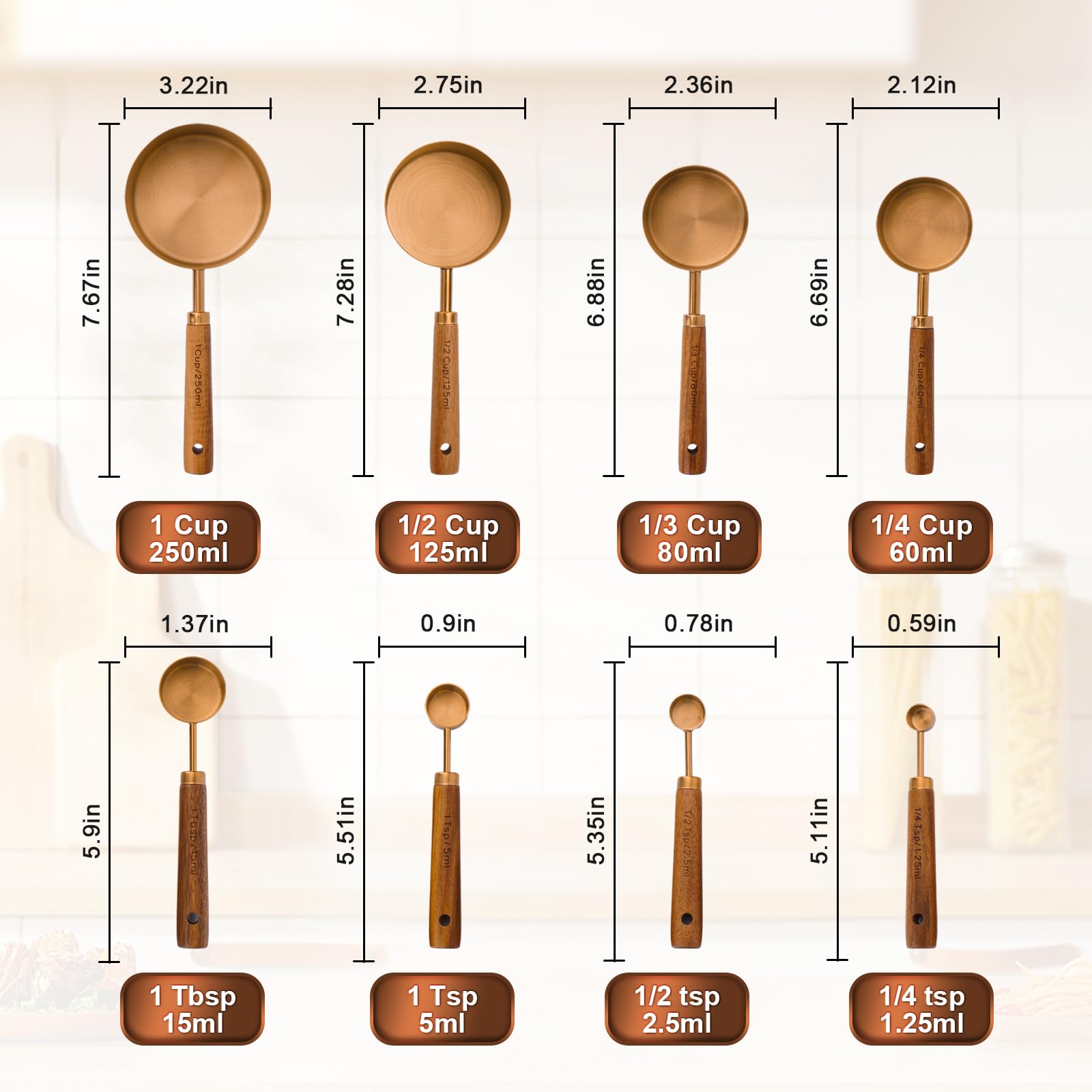 Set De 8 Tasses Et Cuillères à Mesurer - Acier Inoxydable Avec Manche En Bois, Mesures Métriques Et US Pour Cuisine - 8