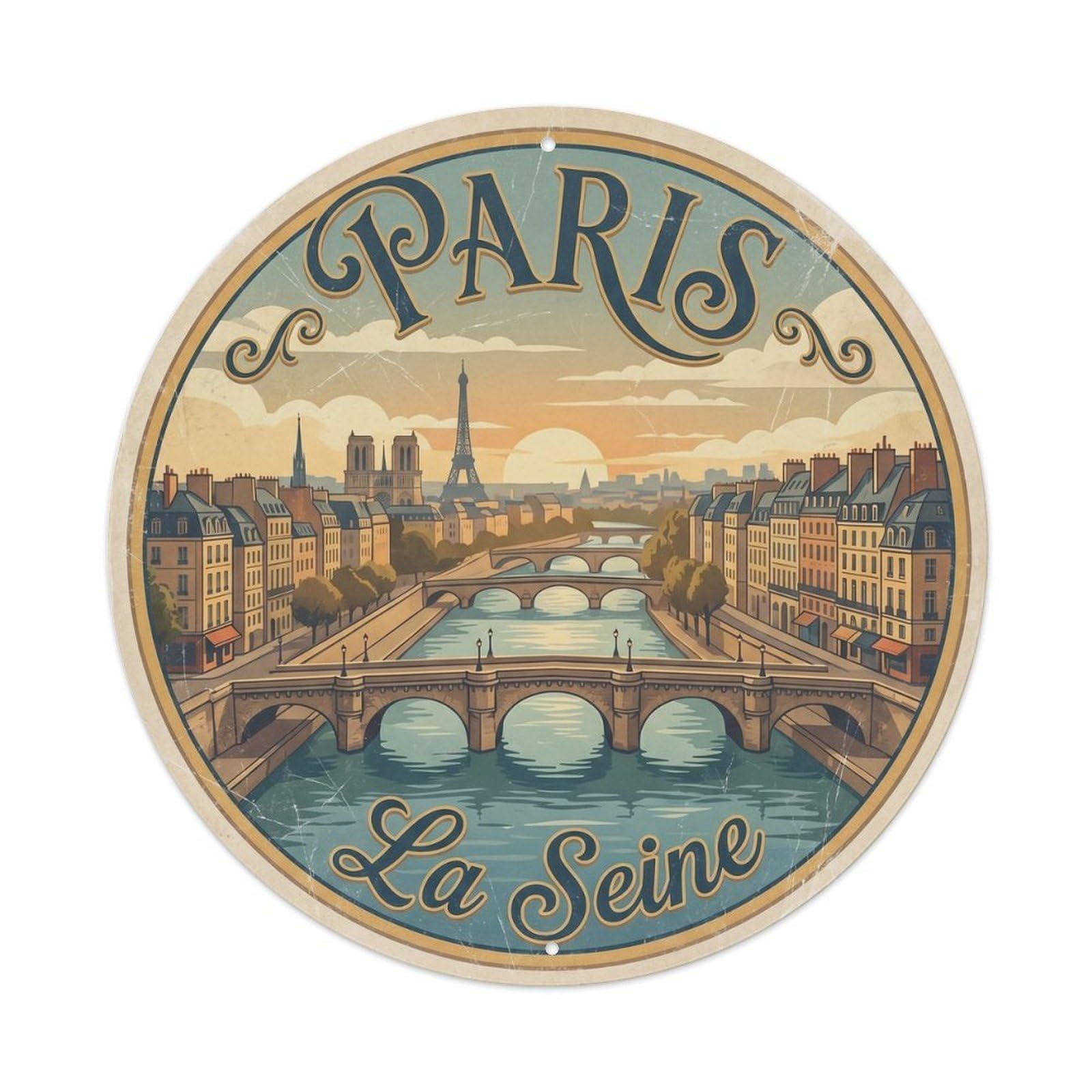 Vintage Travel Parisian Seine River Metal Tin Sign Plaque Wall Decor for Cafe, Club, Garden Round Metal Poster 8x8Inch