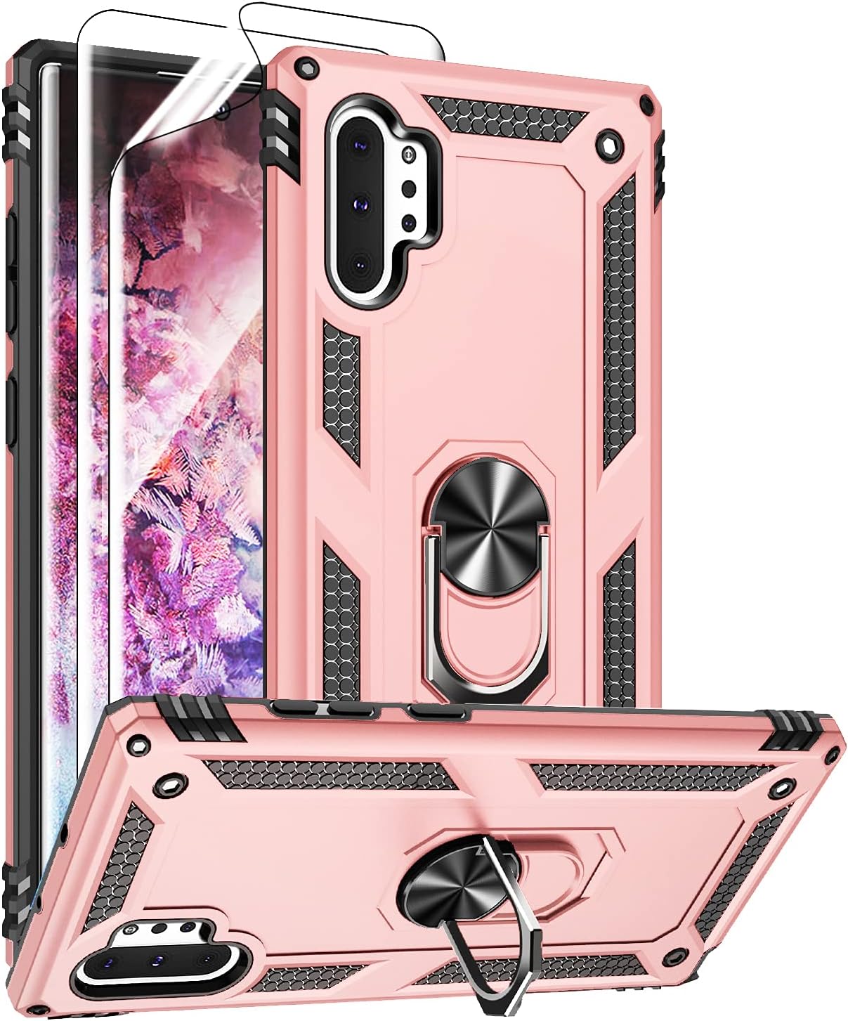 Androgate for Samsung Galaxy Note 10 Plus Case, Note10+ Case with HD Screen Protectors, Military-Grade Metal Ring Holder Stand Drop Tested Shockproof Cover Case for Samsung Note 10+/ 5G Rose Gold