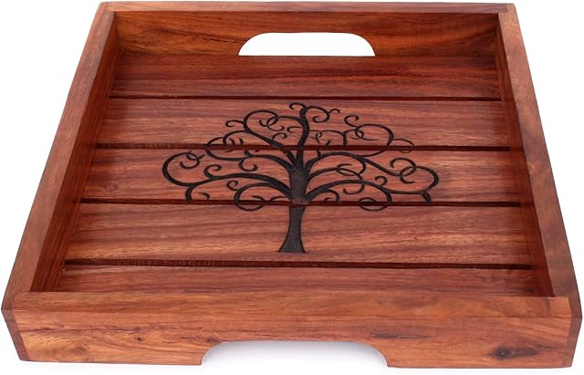 Ajuny Wooden Tray Platter for Serving Snacks Fruits Hand Carving Tree of Life Decorative Home Gifts