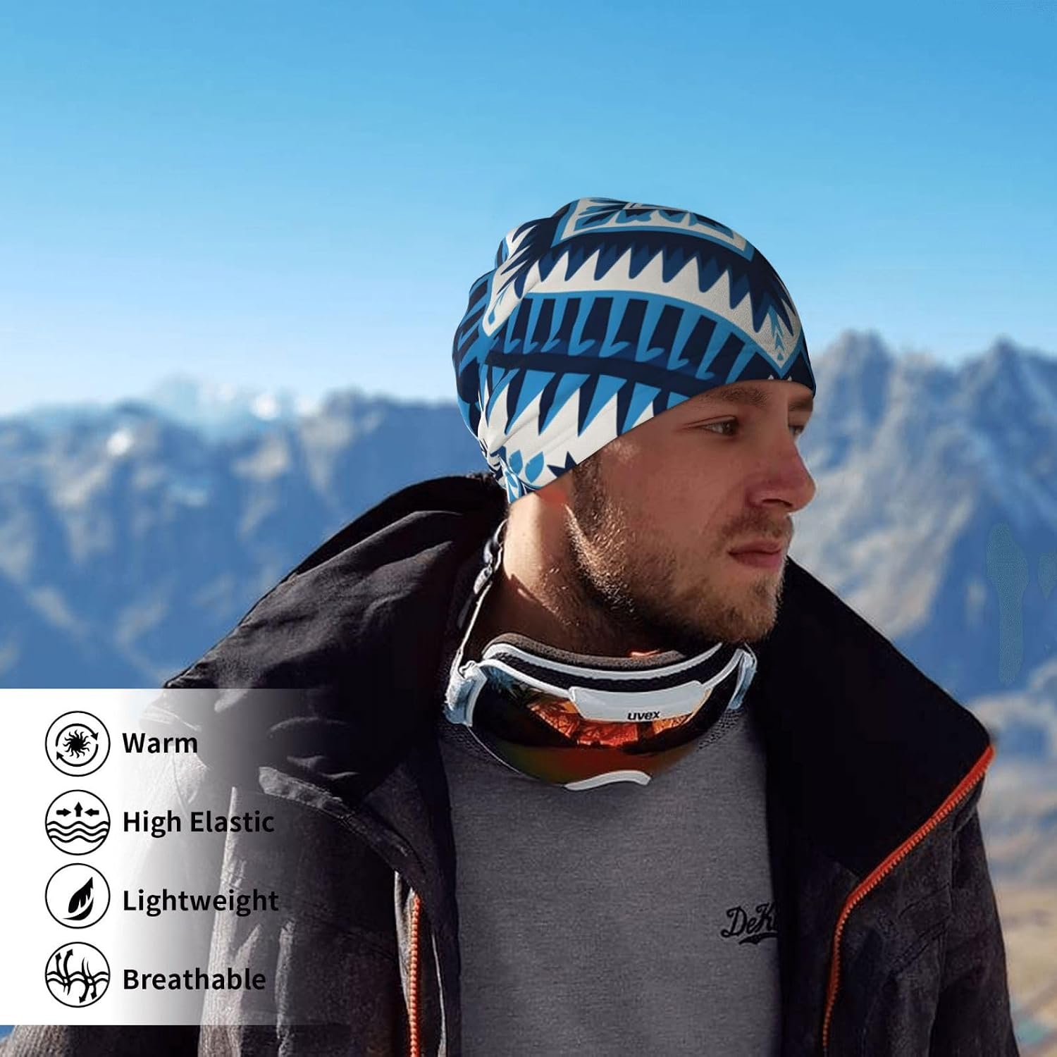 Winter Face Mask Elastic Headband Cold Weather Neck Warmer for Men Women, Blue Rectangular Print Adjustable Neck Gaiter