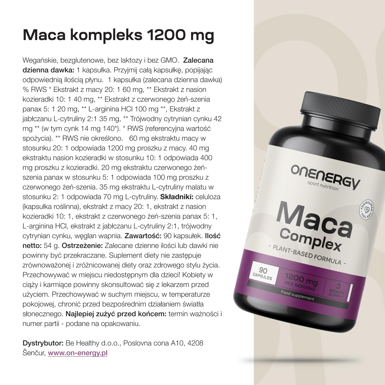 Maca kompleks 1200 mg - Wyciąg 20:1-90 kapsułek - Zawiera L-argininę, cynk, kozieradkę, jabłczan L-cytruliny i czerwony żeń-szeń - Dla mężczyzn i kobiet - Zapas na 3 miesiące