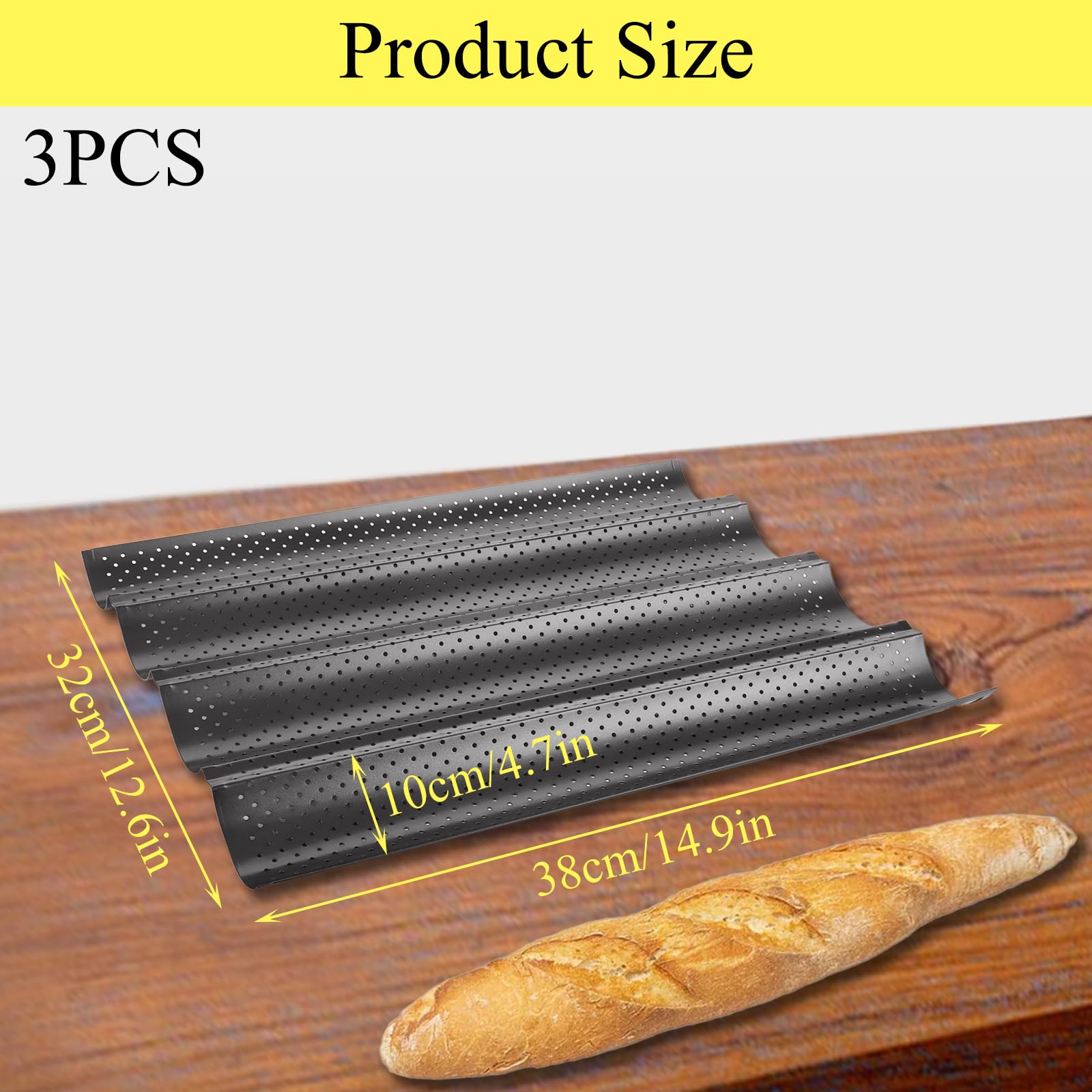 WOPPLXY juego de 3 moldes para baguettes con revestimiento antiadherente, bandeja para baguettes de 38 x 32 cm, bandeja negra para 4 baguettes