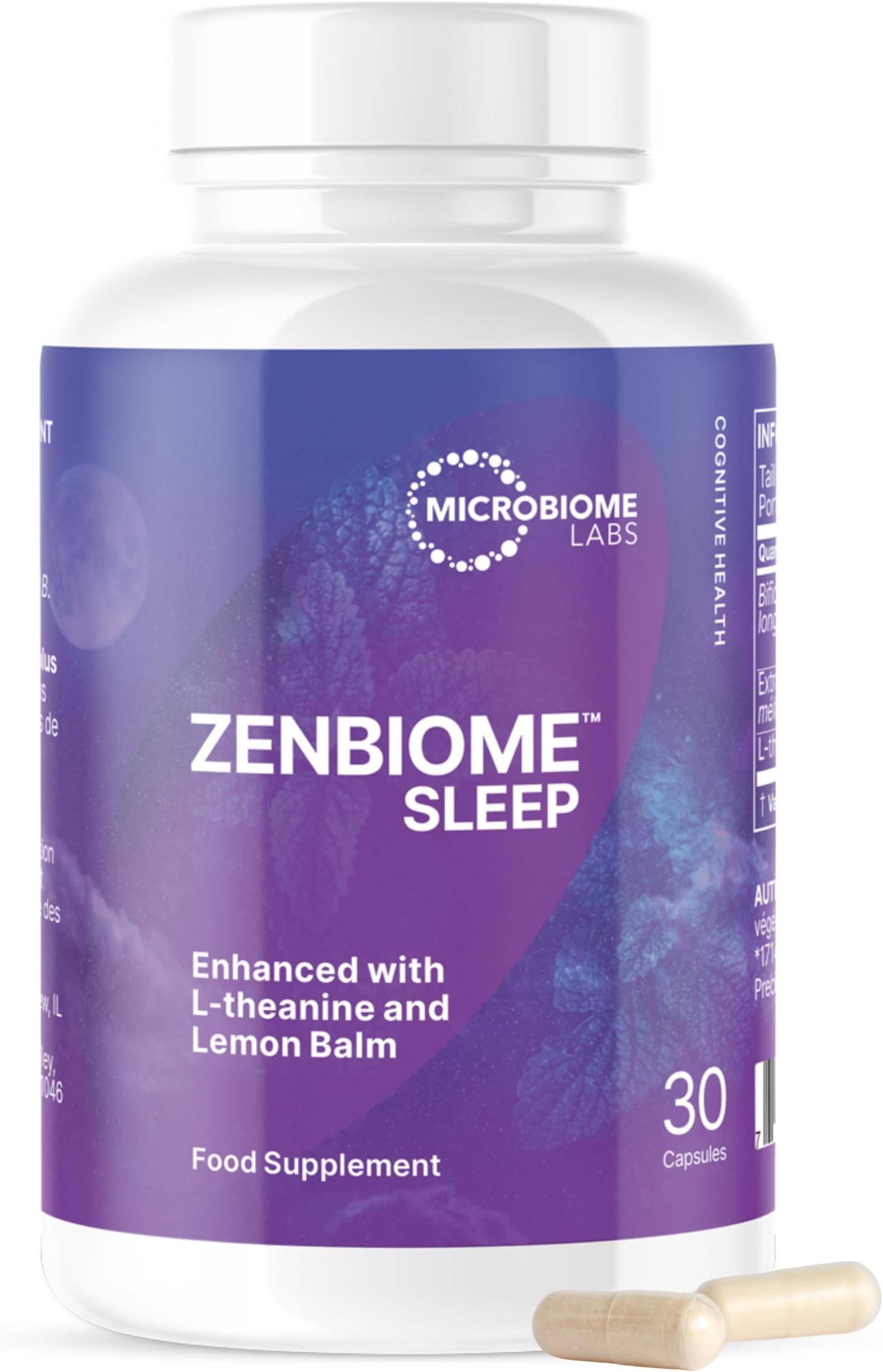 Microbiome Labs ZenBiome Sleep – Clinically Studied Bifidobacterium longum 1714™ Probiotic Supplement with L-Theanine & Lemon Balm – Sleep & Bedtime Support, Shelf-Stable – 30 Capsules