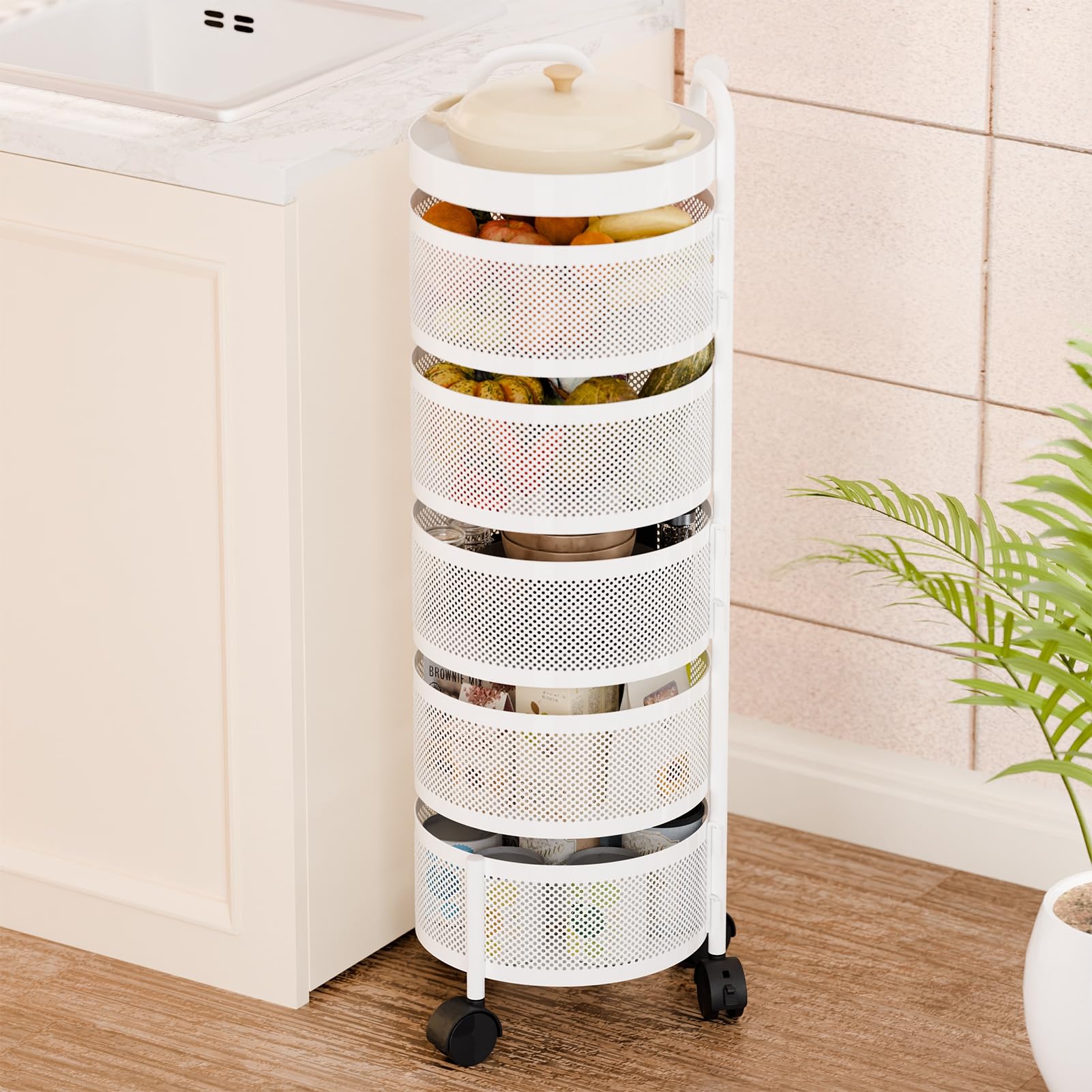Carrito de almacenamiento de cocina, cesta giratoria circular de 5 niveles, estante de almacenamiento grande con ruedas de 360 grados, estante de frutas y verduras, carrito móvil