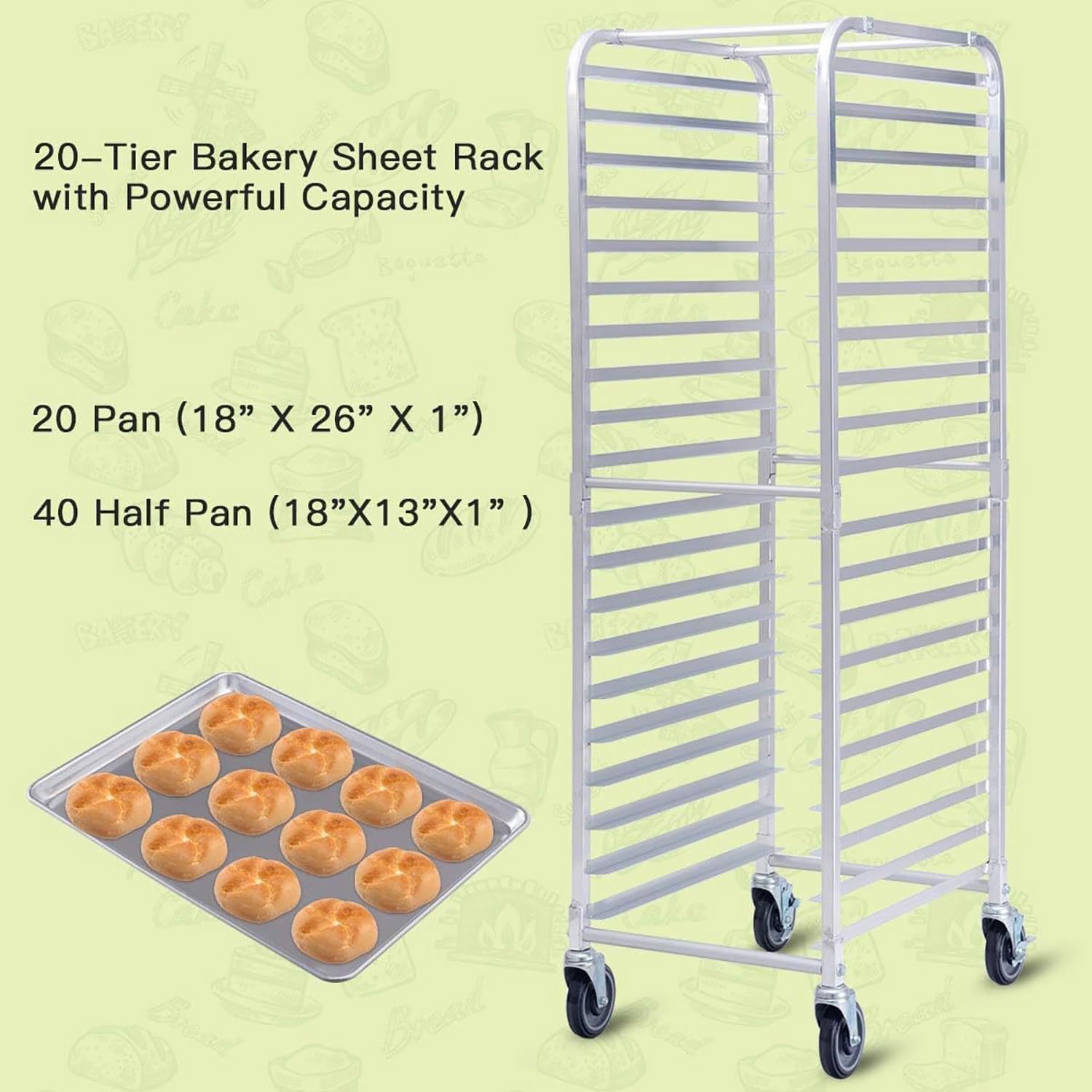 20-Tier Aluminum Sheet Pan Rack - Mobile Bakery Cooling Rack with 4 Wheels for Home & Commercial Kitchens, Ideal for Restaurants & Pizzerias