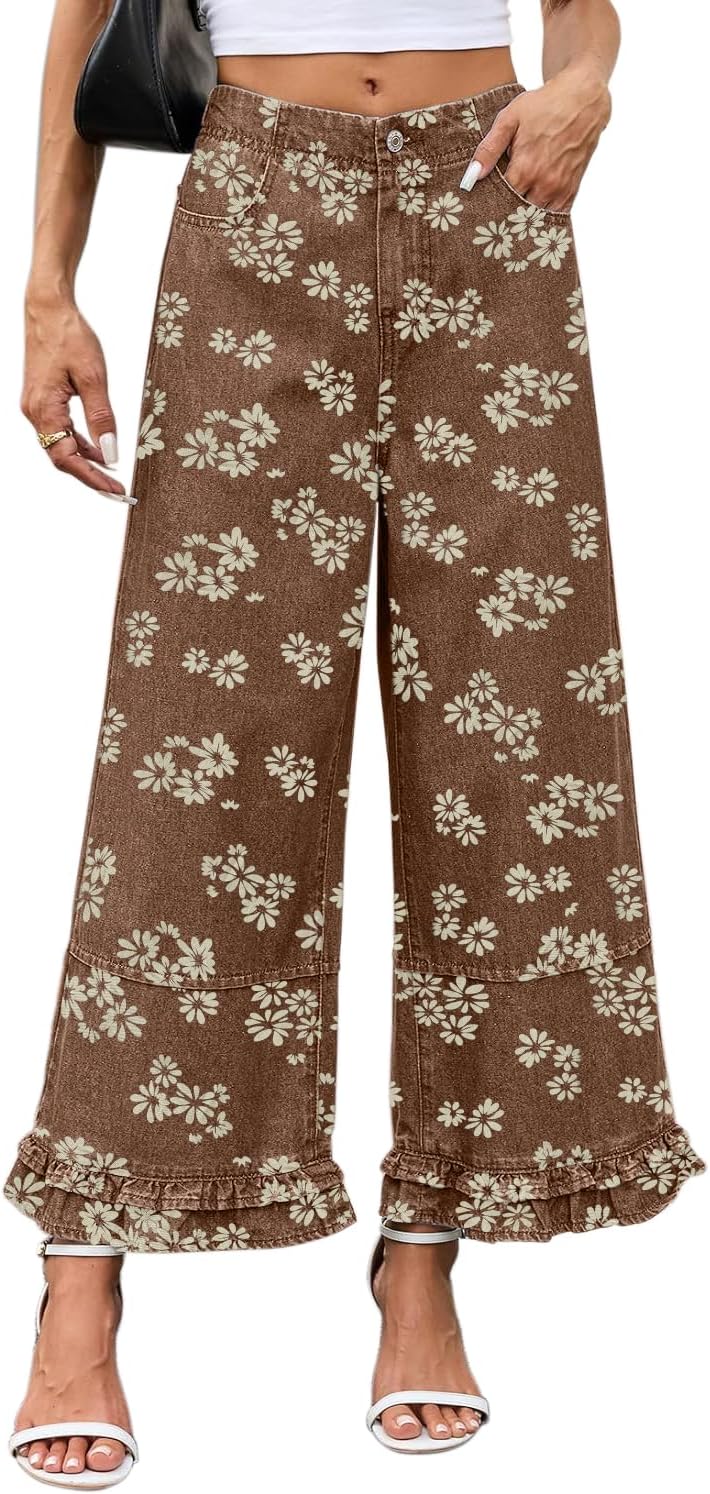 CHARTOU Women Y2k Crop Ruffle Hem Wide Leg Jeans Baggy Floral Print Patchwork Ankle Denim Pants with Pockets
