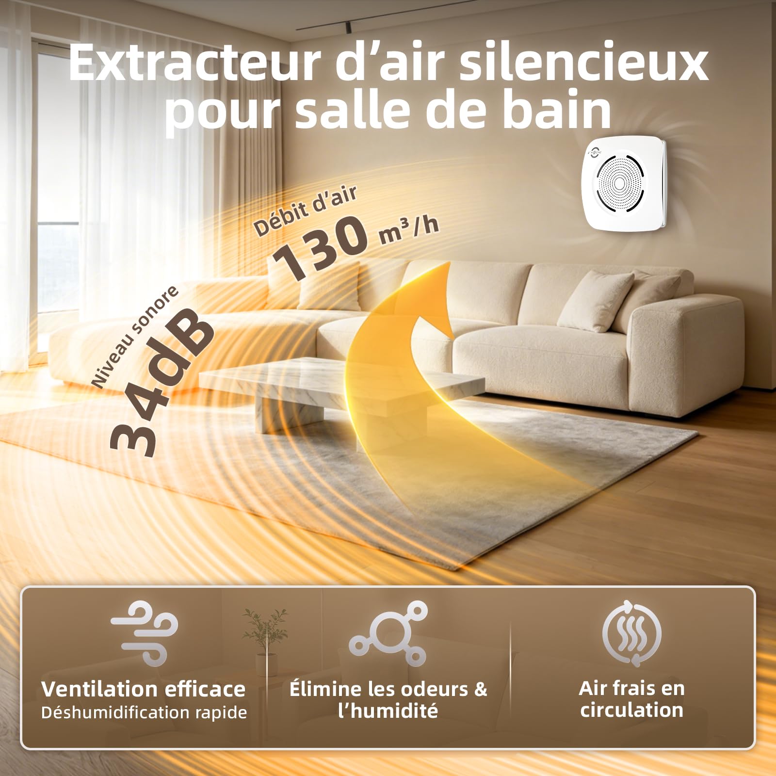 MOCINE Extracteur d'Air 100 mm, Débit d'Air 130 m³/h, Blanc | 50 % PC+ABS, Roulements à billes doubles, Protection contre la surchauffe, Plus de 30000h de durée de vie