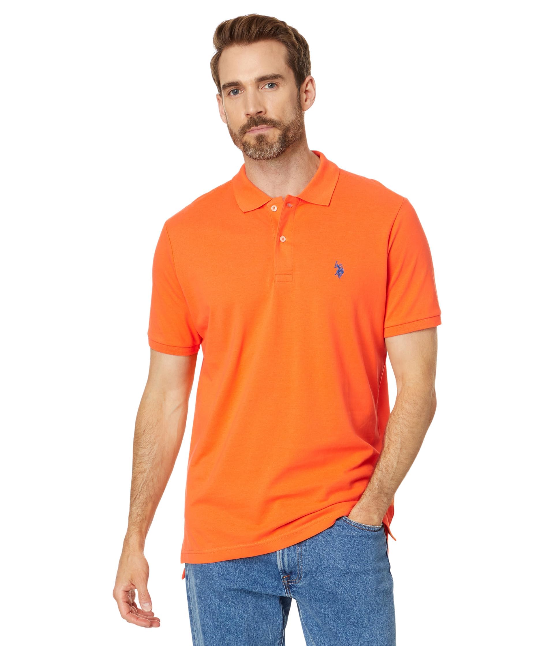 U.S. Polo Assn. Men's Classic Polo Shirt, Two-Button Closure Pique Polo Shirt, Summer Fashion Golf Shirt | Two-Button Closure Pique Polo Shirt, Summer Fashion Golf Shirt Large Madras Orange