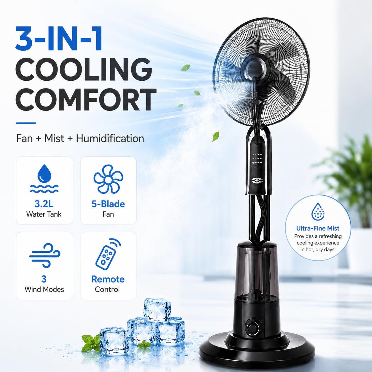 Ventilador nebulizador de pie con depósito de 3,2 L, Ventilador de 5 aspas