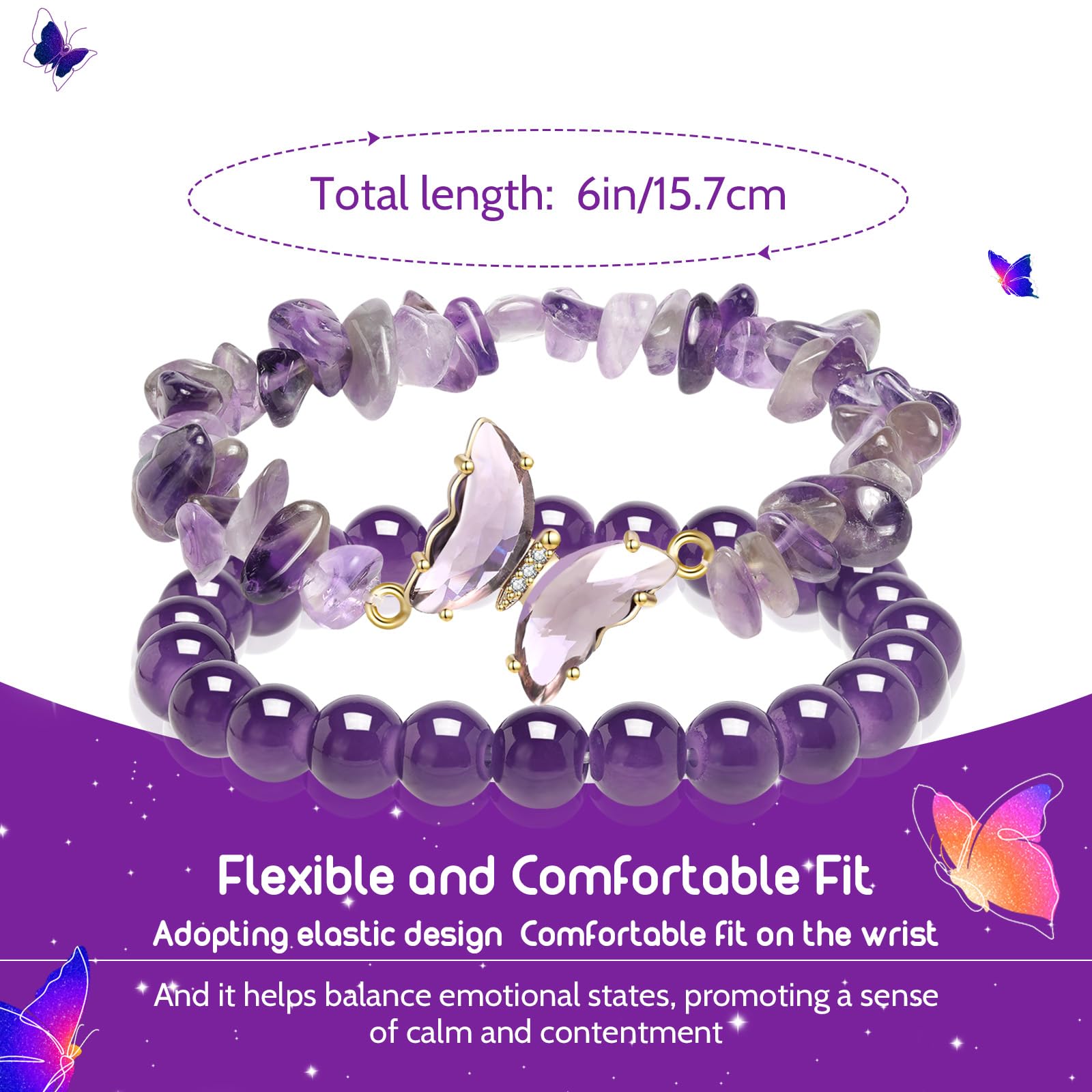 Artlunar Butterfly Bracelets Healing Bracelet Charm Jewelry Mom Gift with Beaded Bracelets Purple Bracelet for Women (Purple)