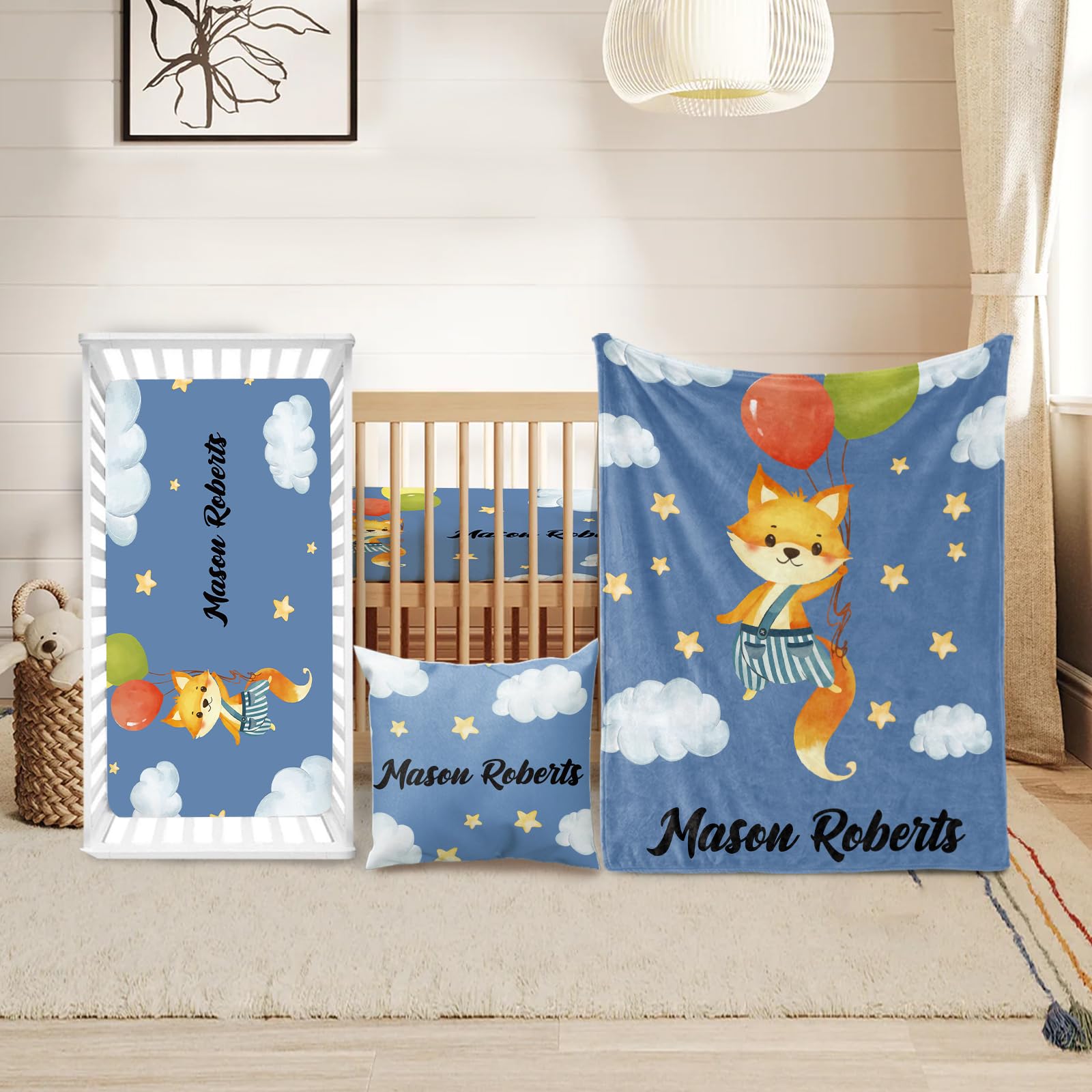Custom Crib Bedding Set for Boys Gifts Fox Balloon Design Color07
