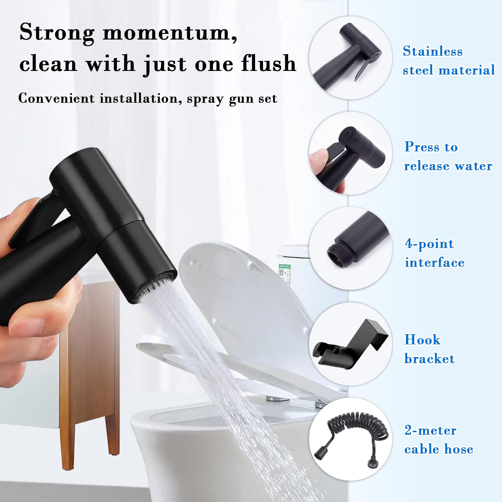 Cabezal de Ducha o Bidet Pulverizador, Ducha WC, Grifo de Bidet con Manguera 2m, Kit de Rociador de Mano para Inodoro Kit de Rociador de Bidet de Acero Inoxidable, para Higiene Diaria (Negro)