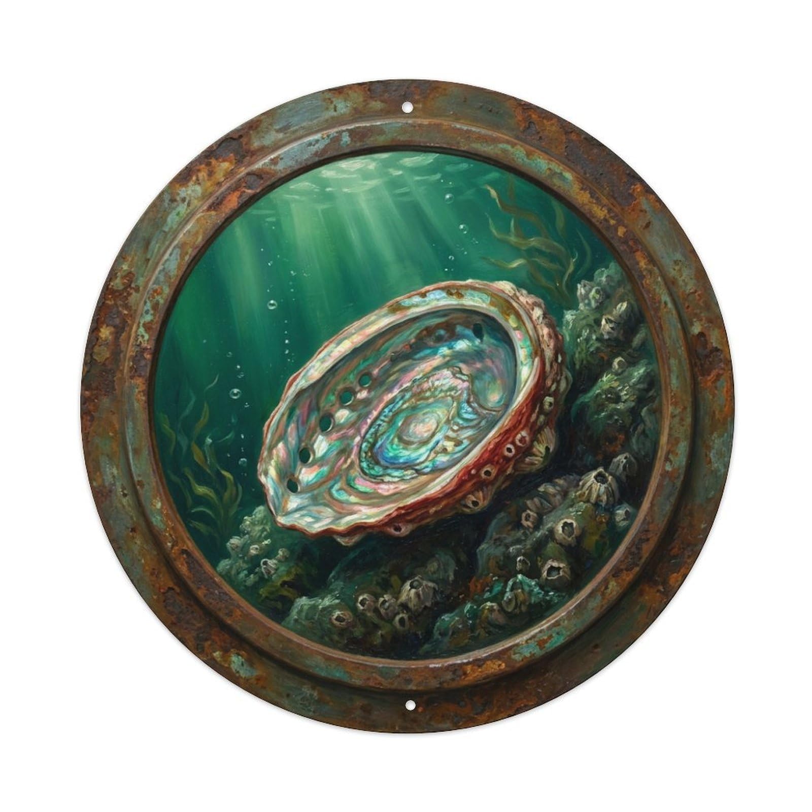Vintage Porthole Abalone Iridescent Ship Window Undersea Metal Tin Sign