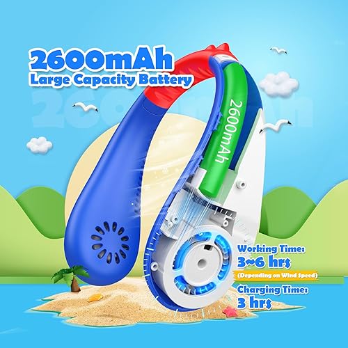 Miniatura 3 de Ventilador de cuello para niños, ventilador de cuello portátil sin aspas para niñas y niños de 4 a 14 años, recargable por USB, 2600 mAh, funciona